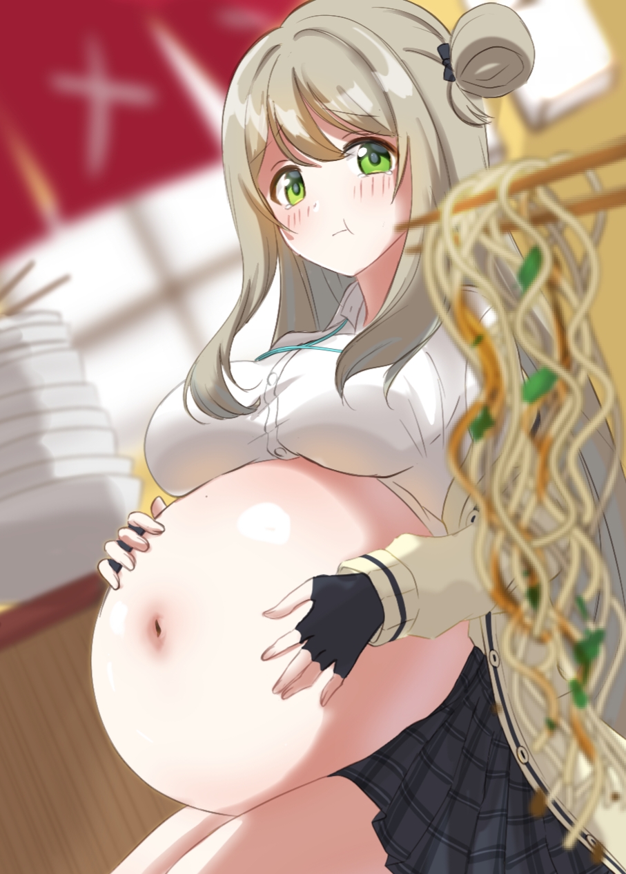 1girls akane_(pixiv) belly belly_button big_belly big_breasts bloated bloated_belly blue_archive blush blush_lines bow bowl chopsticks eating eating_food empty_bowls female female_focus female_only fingerless_gloves food_bowl full_belly green_eyes green_hair hands_on_belly huge_belly light-skinned_female light_skin nonomi_(blue_archive) overeating pov ramen school_uniform skirt solo solo_female solo_focus stuffed stuffed_belly stuffing tearing_up