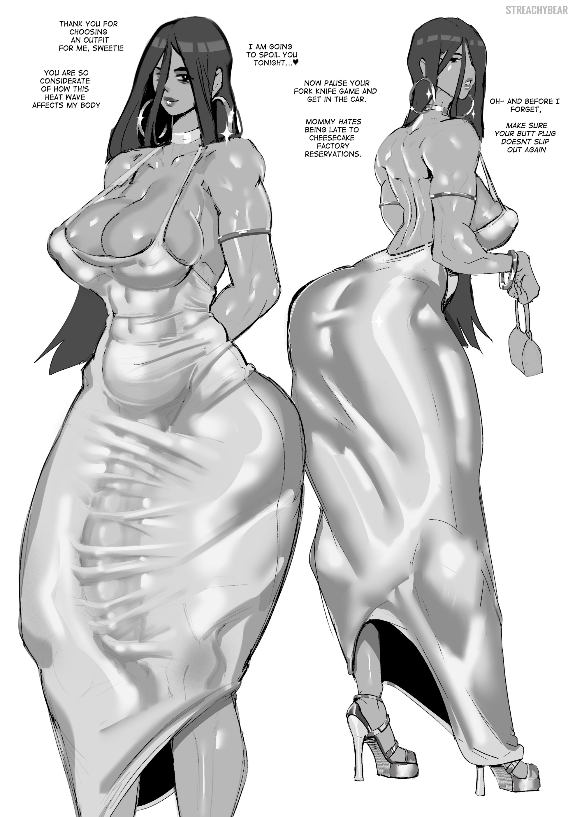 1futa, big breasts, breasts, bulge, caption, cleavage, clothed, dialogue, dress, english text, flaccid, fully clothed, futa only, futanari, hoop earrings, huge cock, human, intersex, large breasts, mommy kink, monochrome, original, penis, penis to the knees, solo, solo futa, standing, streachybear, talking to viewer, text, thick thighs, tight clothing, wide hips