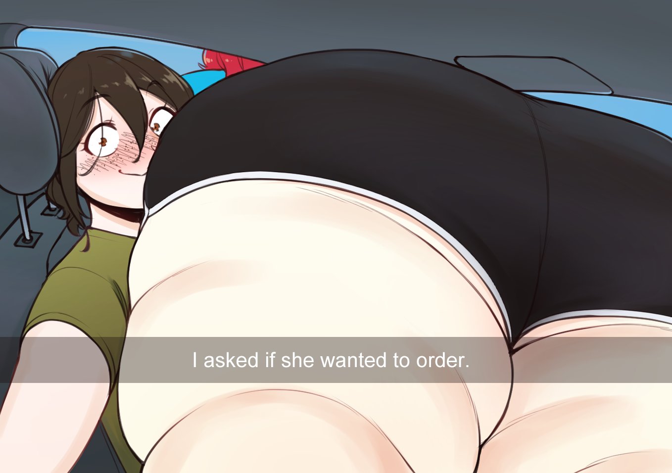 2022, 2girls, ass, ass focus, bbw, better with salt, big ass, black hair, blush, bubble ass, bubble butt, female, female focus, female only, freckles, halie (better with salt), he wants to order, hips, huge ass, huge thighs, looking at viewer, meme, multiple females, multiple girls, natalie (better with salt), plump, short hair, shorts, smile, smiling at viewer, thick ass, thick thighs, thighs, wide hips