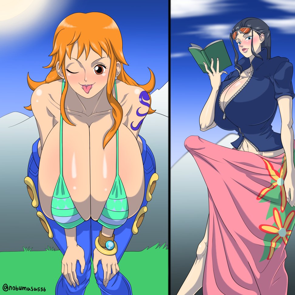 1futa, 1girls, big breasts, big penis, black hair, breasts, circumcised, clothed, clothing, dickgirl, erection, erection under clothes, female, fully clothed, futanari, giant breasts, human, intersex, large penis, light skin, light-skinned female, light-skinned futa, long penis, nami (one piece), nico robin, nobumasa, one piece, orange hair, partially clothed, penis, post-timeskip, standing, tenting
