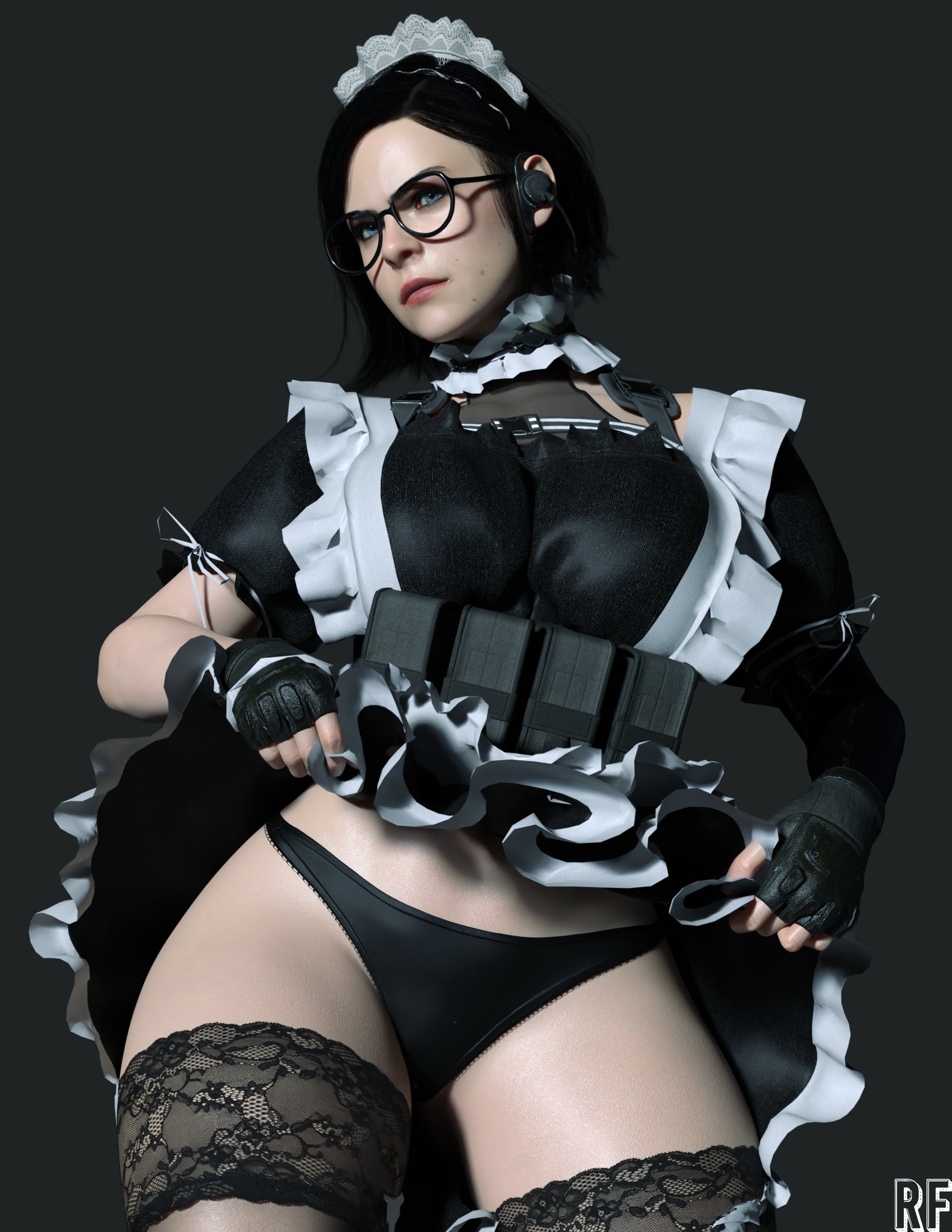 1girls, 3d, absurd res, artist logo, black hair, black panties, call of duty, call of duty black ops cold war, clothed, clothed female, dress lift, female, female only, fingerless gloves, glasses, gloves, helen park (cod), hi res, maid, maid uniform, panties, rude frog, solo, solo female, stockings, thighhighs, underwear