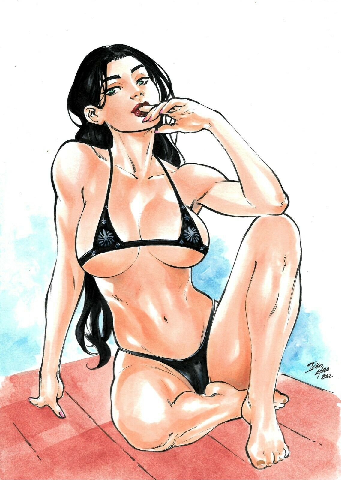 1girls big_boobs black_bikini black_bikini_bottom black_hair ed_benes_studio female female_only finger_in_mouth fit_female iago_maia long_hair looking_at_viewer nico_robin one_piece red_lipstick seductive_eyes seductive_look solo_female solo_focus straw_hat_pirates tagme toei_animation voluptuous voluptuous_female