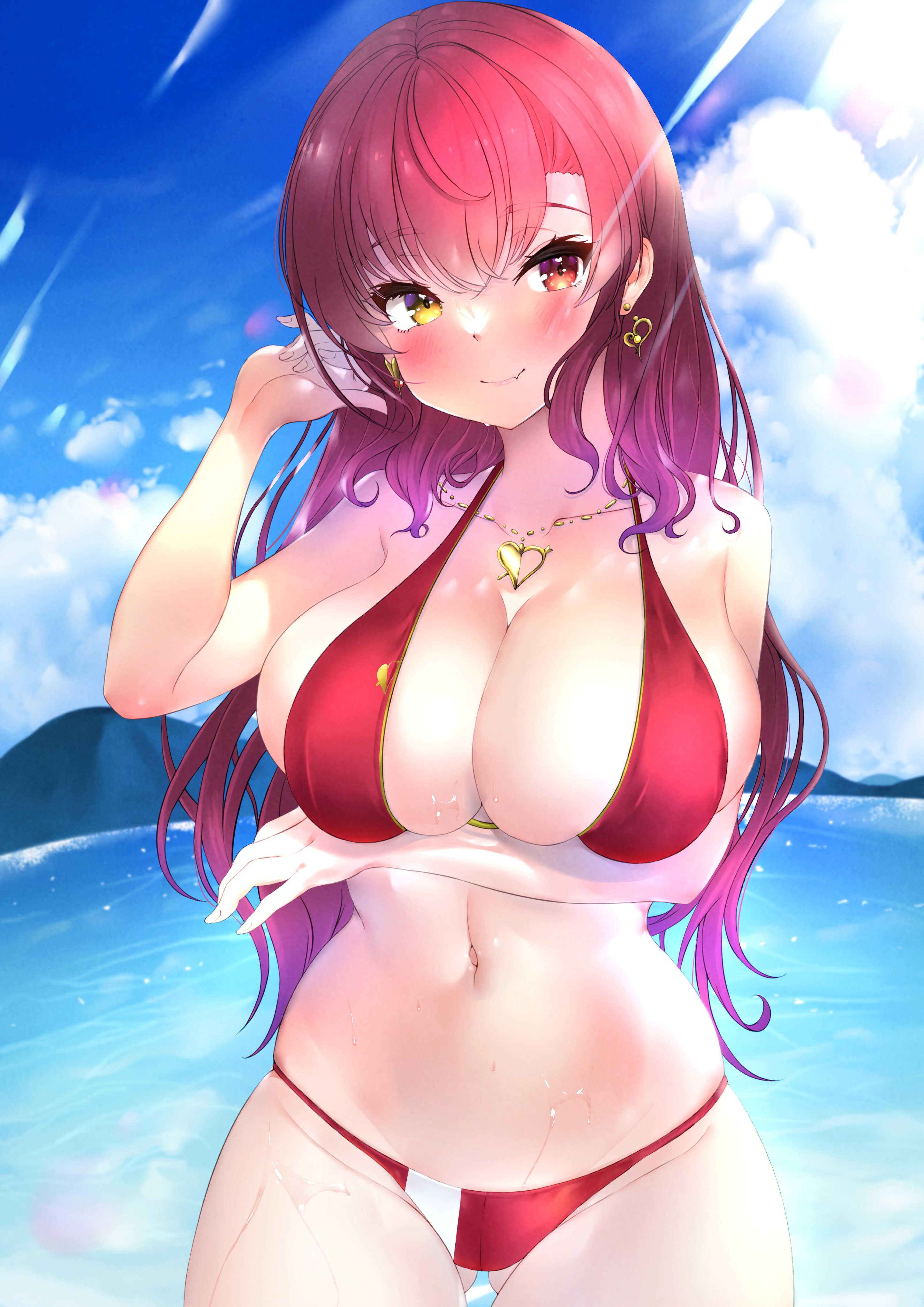 absurdres, arm under breasts, bangs, bare shoulders, beach, bikini, blush, breast hold, breasts, cleavage, closed mouth, collarbone, day, earrings, female, gradient hair, hair between eyes, hair down, halterneck, heart, heart earrings, heart necklace, heterochromia, highres, hololive, hololive fantasy, hololive japan, houshou marine, huge breasts, jewelry, long hair, looking at viewer, multicolored hair, navel, necklace, oerba yun fang, outdoors, purple hair, red bikini, red eyes, red hair, skin fang, smile, solo, string bikini, swimsuit, virtual youtuber, water, wet, yellow eyes, zyunsei777