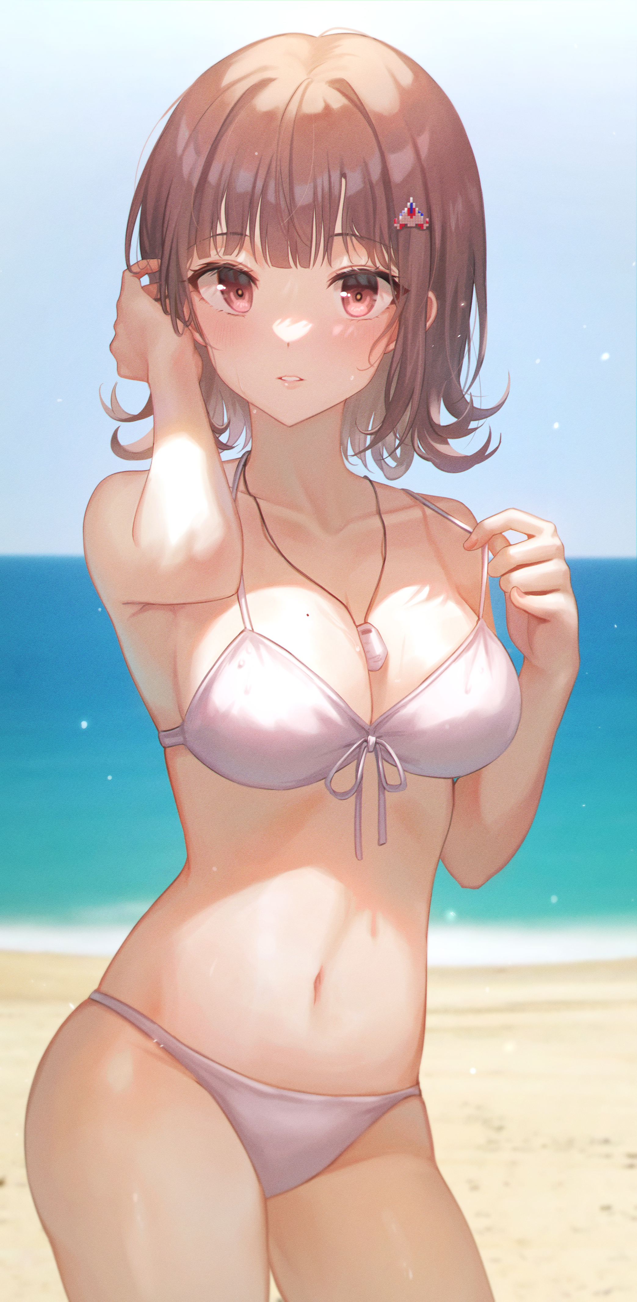 2022, beach, beach background, big breasts, bikini, bikini bottom, bikini top, breasts, clear sky, danganronpa, danganronpa 2: goodbye despair, danganronpa s: ultimate summer camp, eyebrows, eyebrows visible through hair, eyelashes, eyelashes visible through hair, female, female only, hairclip, large breasts, looking at viewer, medium breasts, mole, mole on breast, nanami chiaki, necklace, pink eyes, pink hair, sand, sea, seaside, short hair, sky, straight hair, sunny, sunny days, super danganronpa 2, tokkyu, touching hair, white bikini, white bikini bottom, white bikini top