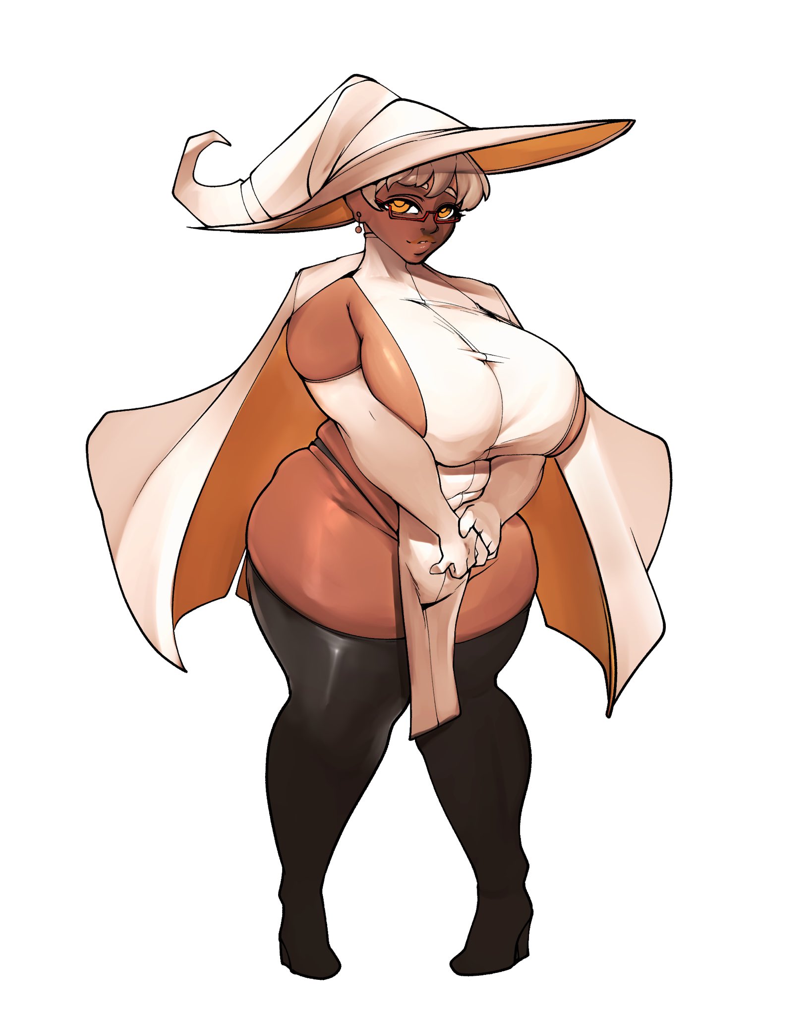1girls, 2022, breasts, chubby, clothed, clothing, dark skin, dark-skinned female, female, female only, full body, glasses, huge breasts, human, knees together feet apart, lipstick, mostly nude, noodledoodles, orange eyes, orange lipstick, original, original character, pelvic curtain, sideboob, solo, standing, thick thighs, thighhighs, venus body, voluptuous, white background, white hair, wide hips, witch, witch hat