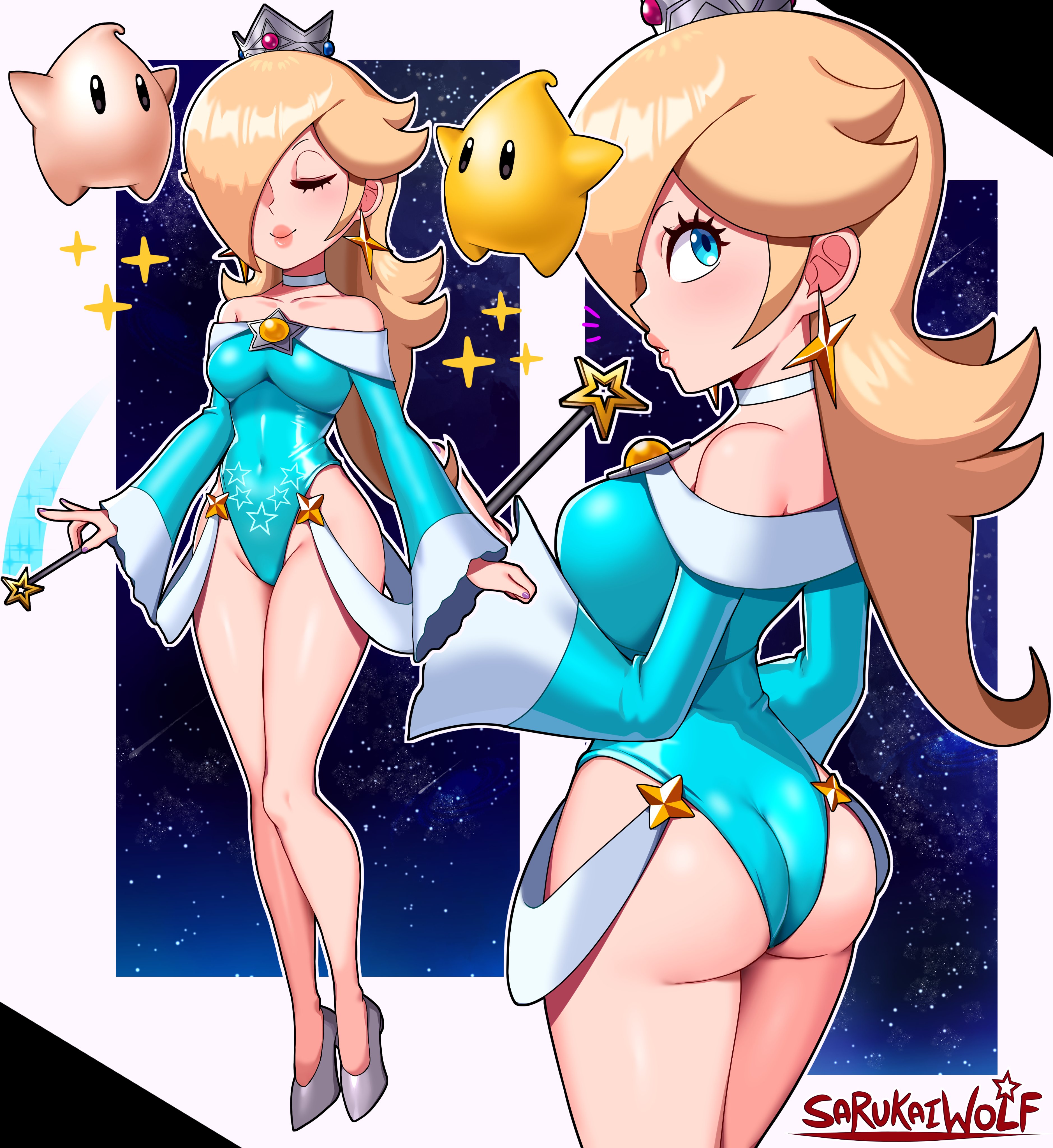 1girls, alternate costume, ass, back, bare chest, bare shoulders, blonde hair, blue eyes, breasts, choker, crown, earrings, eyelashes, eyeliner, female, female only, heels, leotard, lipstick, long hair, long sleeves, looking at viewer, looking back, luma, makeup, mario (series), medium breasts, princess rosalina, sarukaiwolf, sleeved leotard, solo, strapless leotard, super mario galaxy, thick thighs, wand