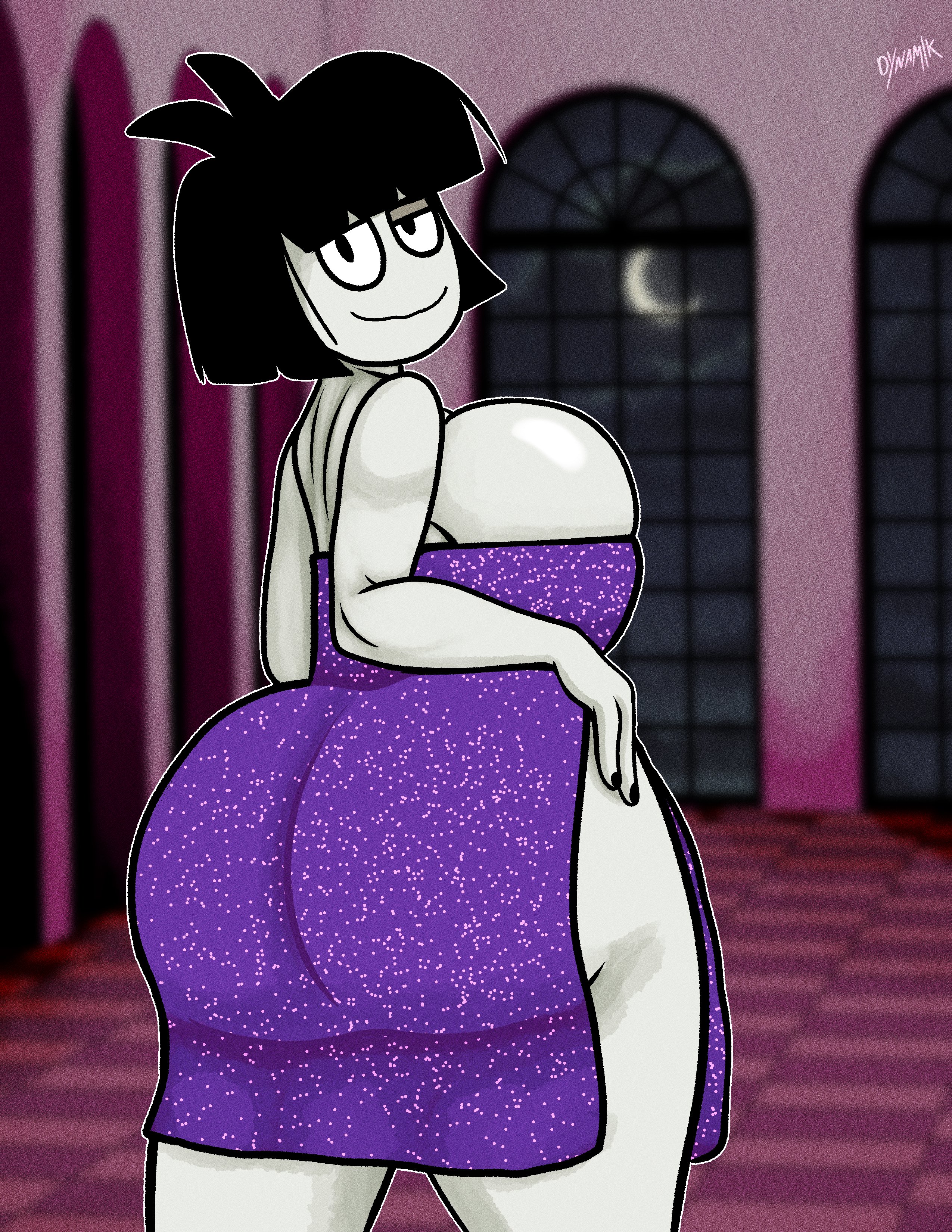 1girls, ass, big ass, big breasts, black hair, breasts, bubble ass, bubble butt, clothing, creepy susie, dress, dynamik808, fat ass, female, female only, goth, huge ass, huge breasts, indoors, looking at viewer, looking back, smile, solo, the oblongs
