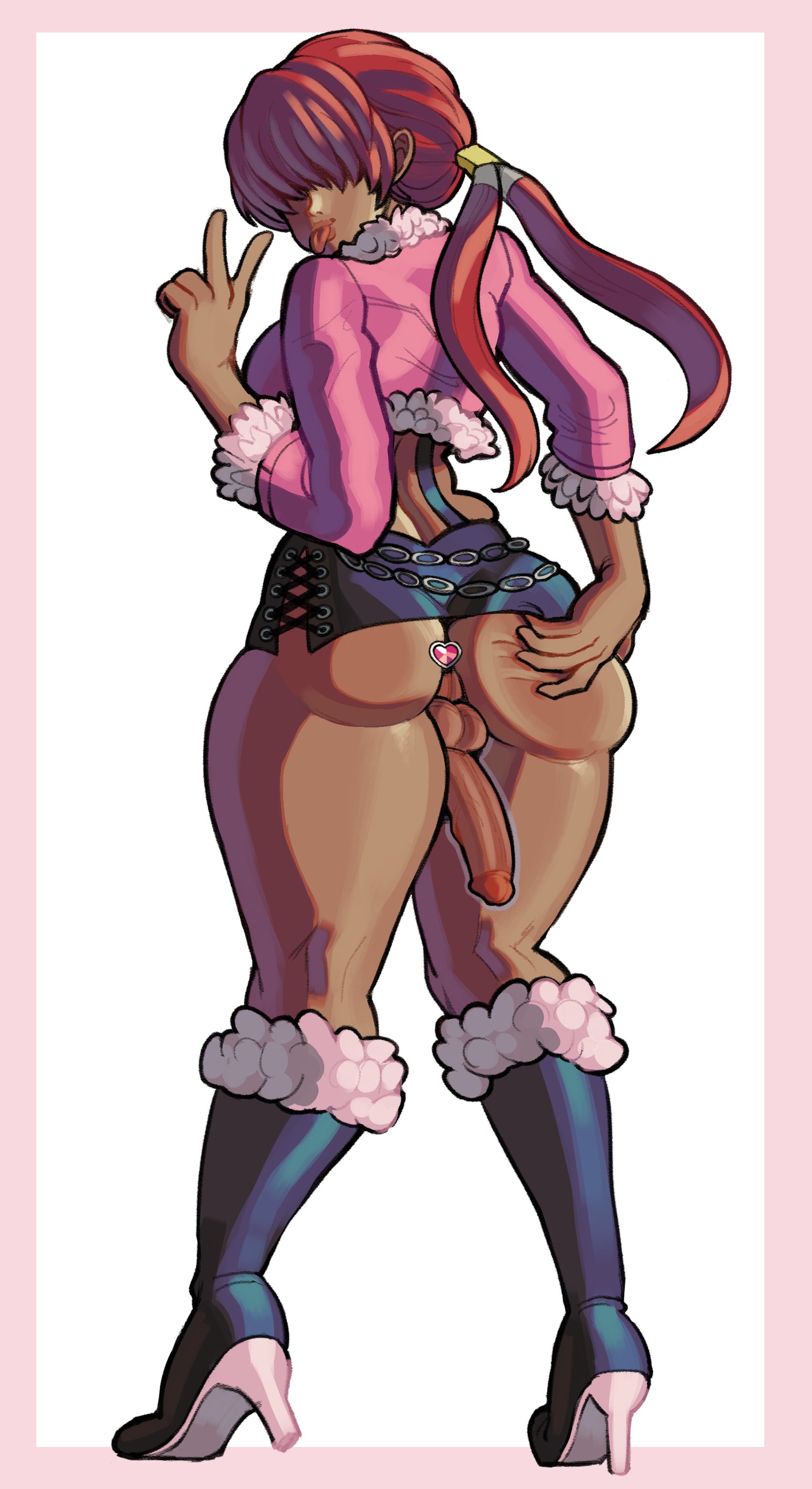 1futa, anal insertion, anal plug, ass, back, back view, balls, big ass, big penis, bottomless, buttplug, clothed, clothing, cock-tail, dark skin, dark-skinned futa, edu pompom, erection, full body, futa only, futa sans pussy, futanari, hair between eyes, human, intersex, king of fighters, long hair, looking back, mostly clothed, peace sign, penis, shermie (kof), skirt, snk, solo, solo futa, standing, testicles, thick thighs, thighs