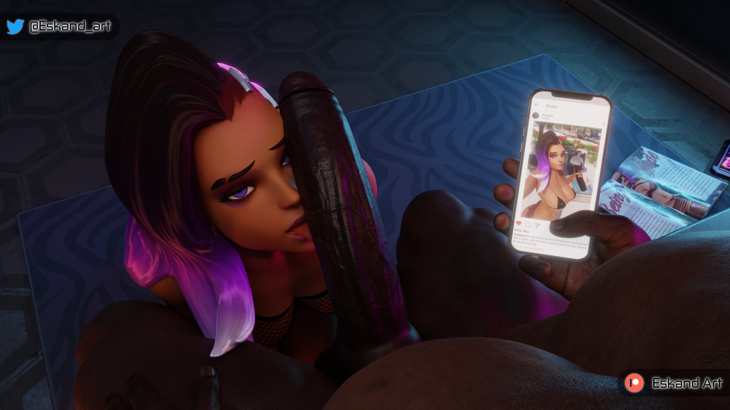 1boy, 1girls, 3d, big penis, bull pov, cellphone, cuckold, dark skin, dark-skinned female, dark-skinned male, english text, eskandart, female, interracial, juxtaposition, latina, male, male pov, overwatch, penis, penis on face, phone, photo comparison, pov, selfie, sombra, text