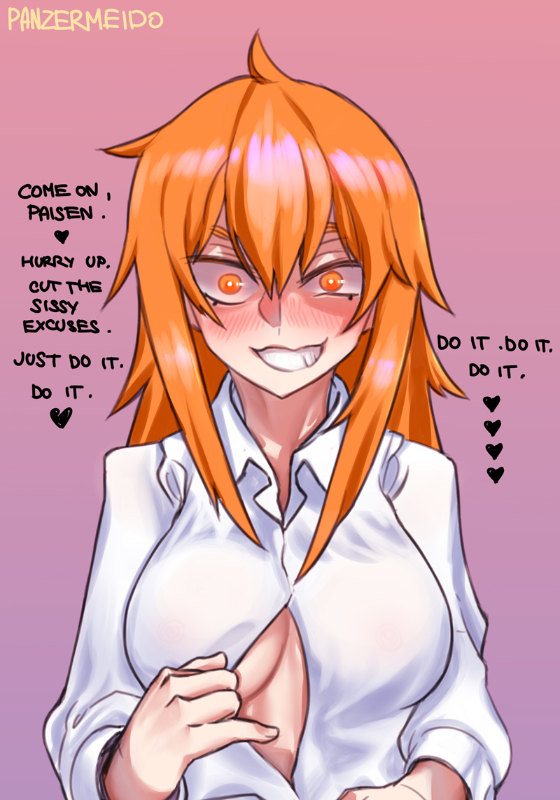 1boy, 1girls, big breasts, blush, breasts, clothed, clothing, english text, female, gamo-chan, heart, long hair, looking at viewer, male, open shirt, orange eyes, orange hair, panzermeido, please don't bully me, nagatoro, simple background, smile, solo, standing, text, watermark