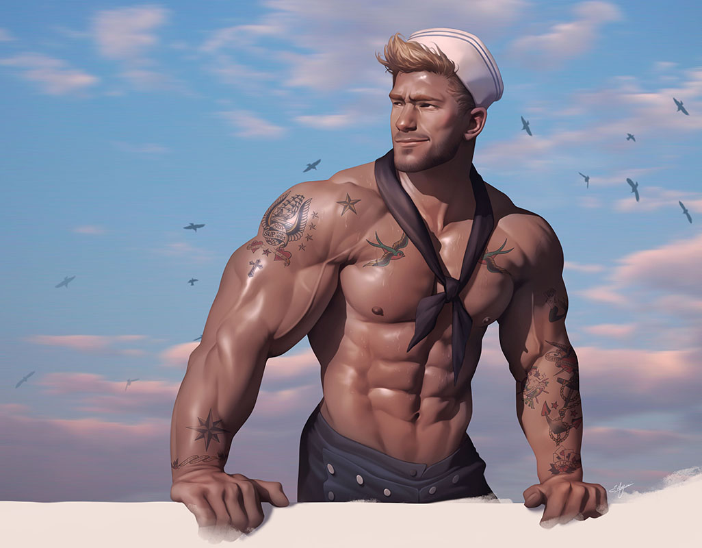 1boys caucasian caucasian_male hunk male male_only muscles muscular muscular_male sailor seagulls shirtless_male silverjow solo solo_male tattoos