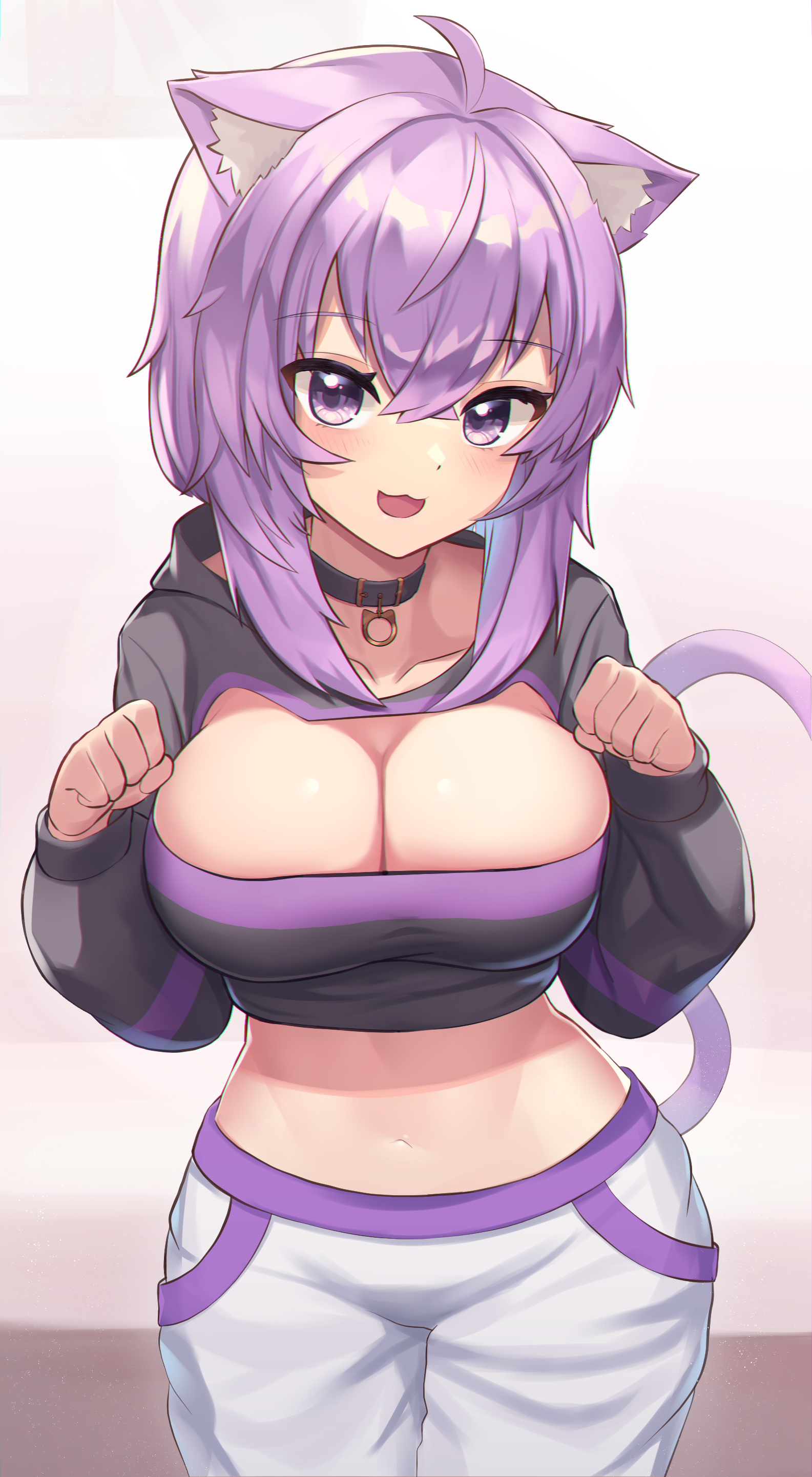 :3, :d, absurdres, ahoge, animal ear fluff, animal ears, bangs, black choker, black shirt, breasts, cat cutout, cat ears, cat girl, cat tail, choker, cleavage, cleavage cutout, clothing cutout, collarbone, commentary, cowboy shot, crop top, female, hair between eyes, highres, hololive, hololive gamers, hololive japan, large breasts, looking at viewer, medium hair, midriff, navel, nekomata okayu, open mouth, pants, paw pose, puffy sleeves, purple eyes, purple hair, shirt, smile, solo, standing, stomach, tail, tail raised, virtual youtuber, white pants, woogi (duguddnr)