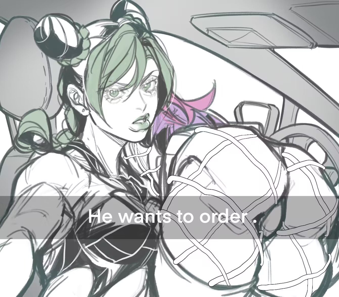 1boy, 1girls, 61troyard, ass, ass focus, ass up, ass view, big ass, bubble ass, bubble butt, car, female, green eyes, green hair, he wants to order, jojo's bizarre adventure, jolyne kujo, male, male focus, meme, narciso anasui, selfie, snapchat, stone ocean