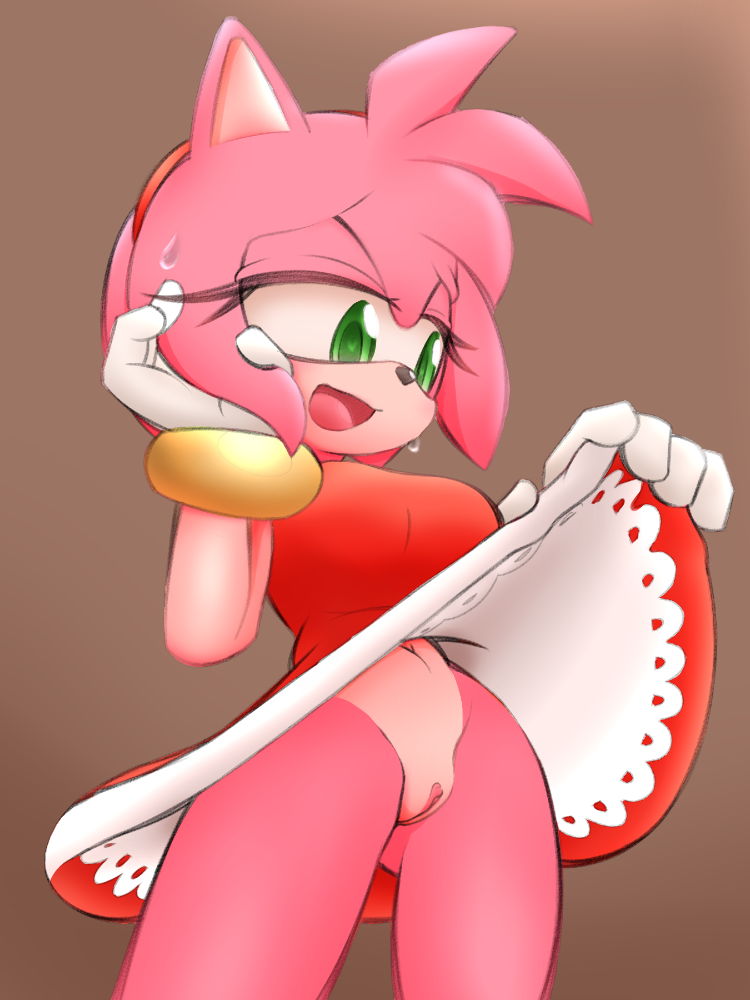 1girls amy_rose big_breasts bottomless clitoris colored dress_lift edit navel no_panties open_mouth pussy roundpeach sonic_(series) spassticus