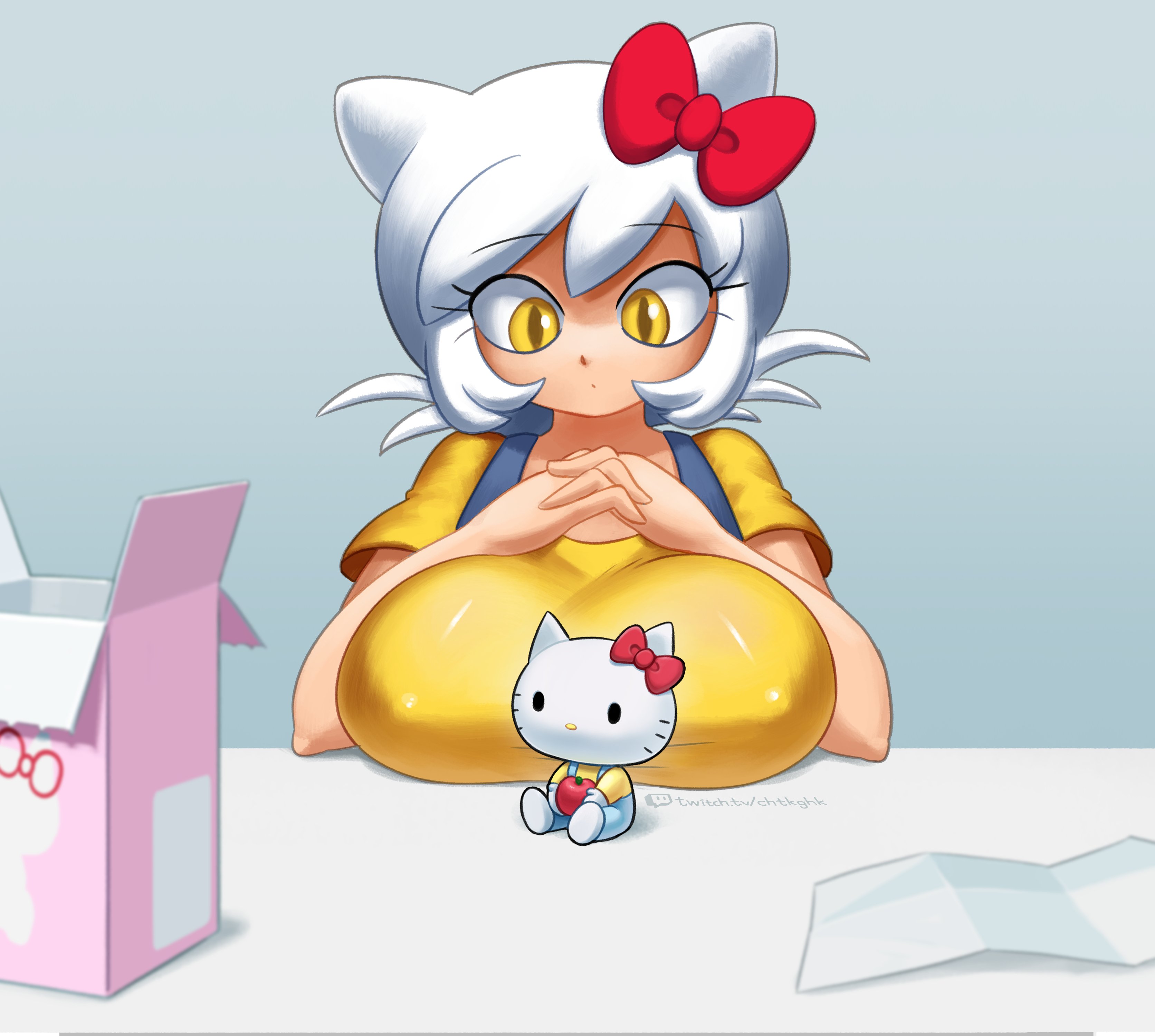 1girls, 2022, absurd res, animal ears, apple, artist name, bare arms, bow, box, breast rest, breast squeeze, breasts, cat ears, cat girl, catgirl, clothed, clothing, cute, doll, eyebrows visible through hair, female, female only, hair ribbon, hands together, hello kitty, hello kitty (character), hello kitty (series), highres, holding apple, holding food, holding fruit, humanized, interlocked fingers, kitty white, large breasts, looking at object, minus8, nipple bulge, o.o, paper, ribbon, sanrio, shirt, short hair, slit pupils, solo, suspenders, table, tight clothing, toy, url, watermark, whiskers, white hair, yellow eyes, yellow shirt