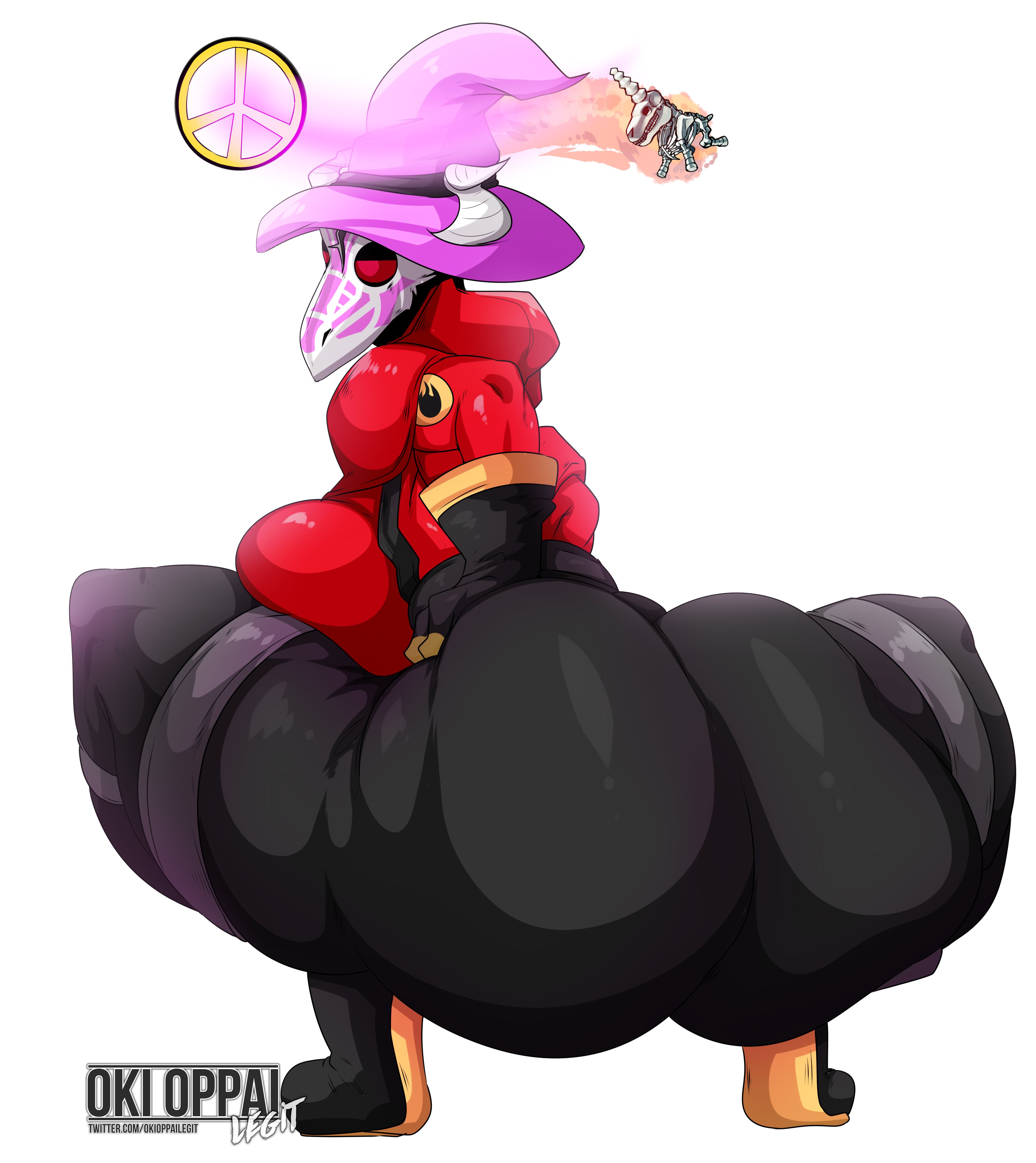1girls, 2021, 2d, alternate version available, animal skull, ass, big ass, big breasts, bodysuit, breasts, clothed, female, female focus, female only, fempyro, horns, huge ass, human, human female, latex, looking back, mask, okioppai, peace symbol, pyro, pyro (team fortress 2), sideboob, solo, squatting, team fortress 2, valve, white background