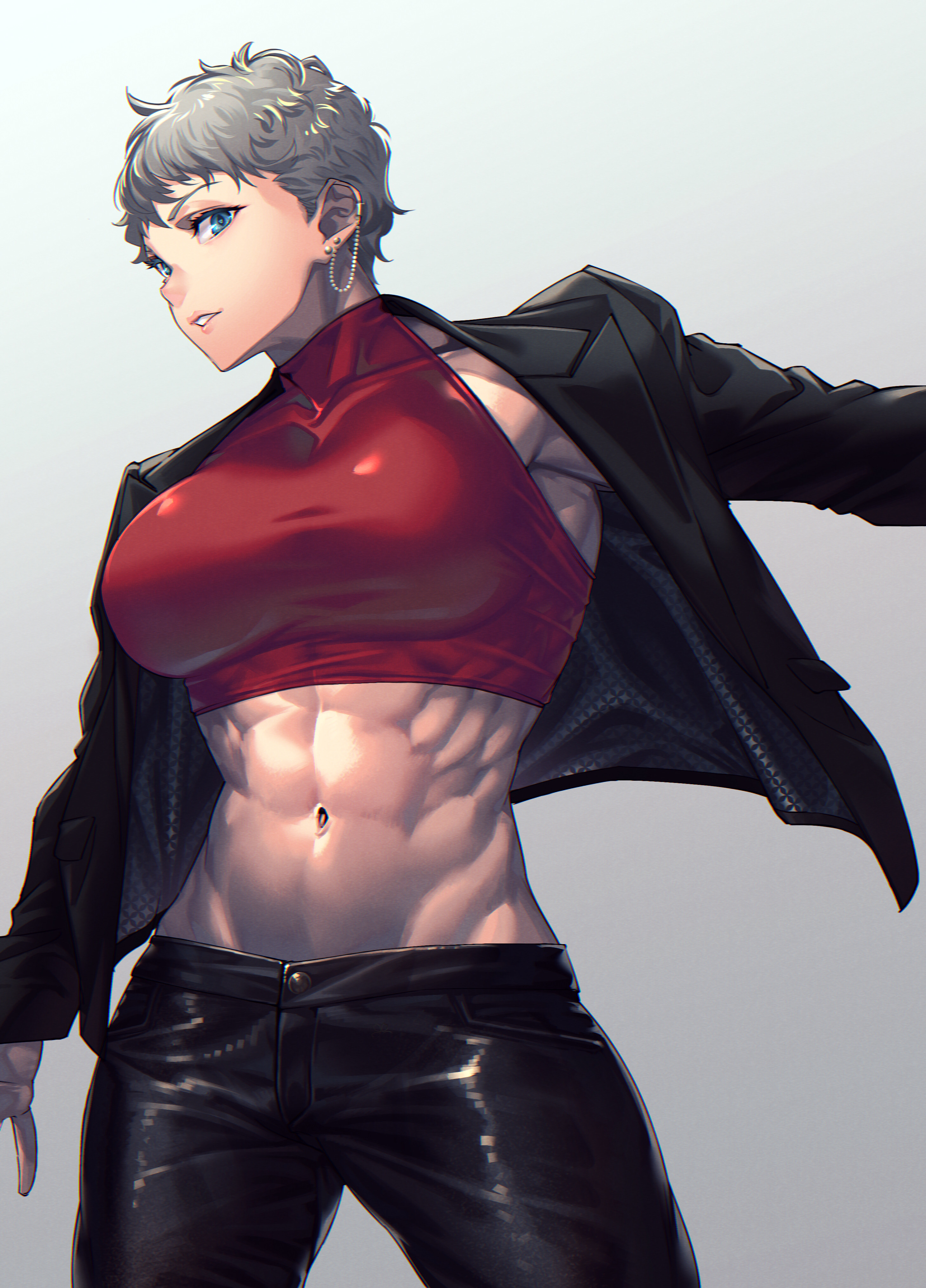 1girls, abs, absurd res, blue eyes, ear piercing, female, female focus, grey hair, hi res, light skin, light-skinned female, midriff, mikel bk, muscular, muscular female, navel, original, original character, pants, serratus anterior, short hair, solo, solo female, solo focus, very short hair