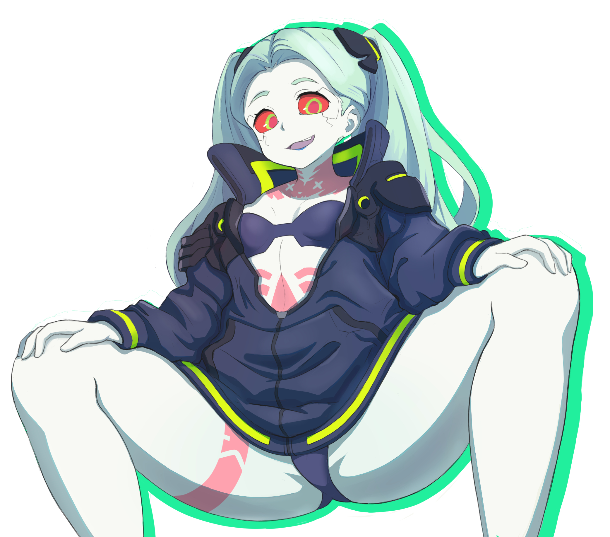 1girls, body markings, breasts, clothing, cybernetics, cyberpunk 2077, cyberpunk: edgerunners, cyborg, female, female focus, female only, green eyes, human, kurofuro, long hair, outerwear, pale skin, rebecca (edgerunners), red sclera, small breasts, squatting, twintails