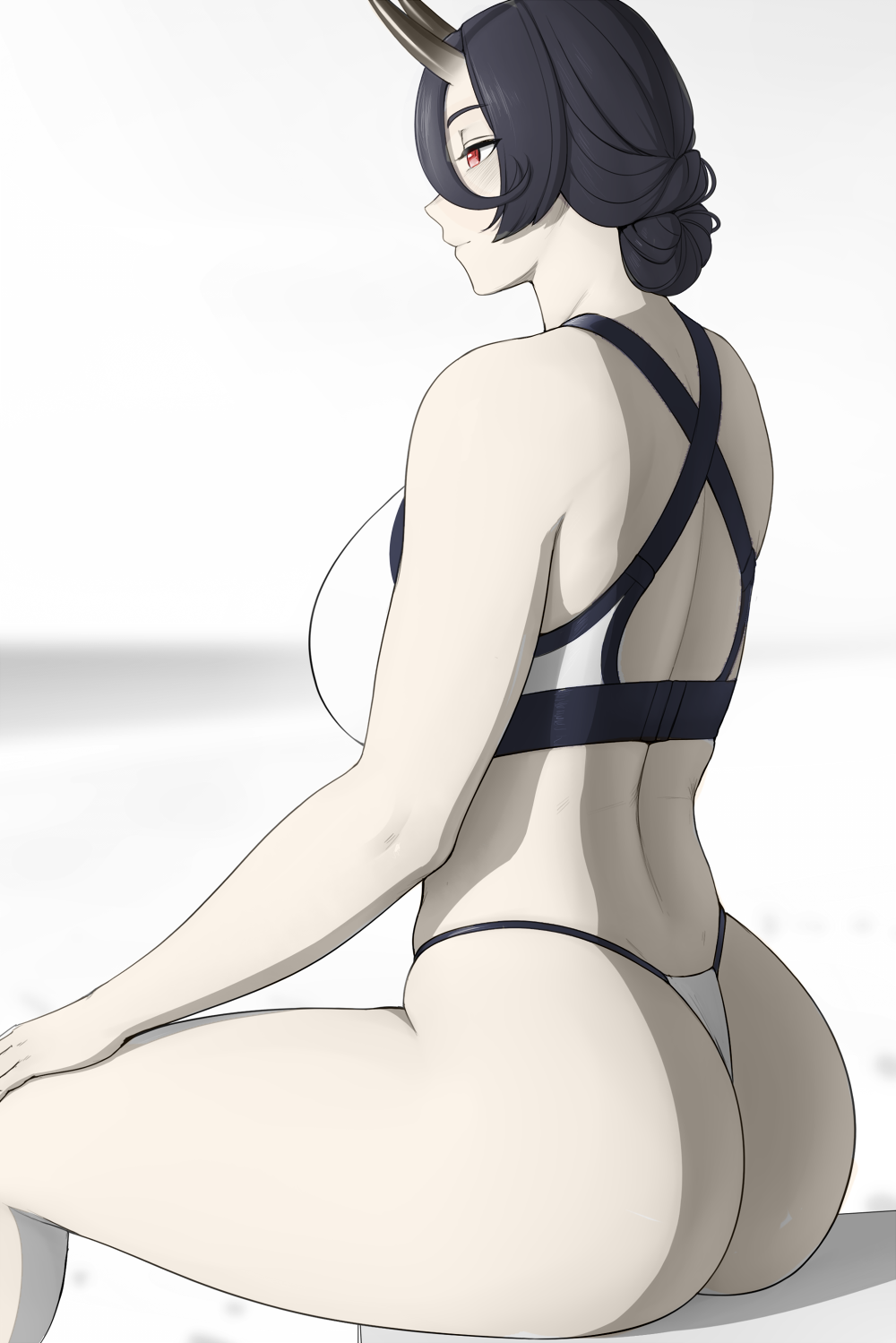 1girls, asahi (lvl), ass, beach, big breasts, bikini, black hair, breasts, color, colored, edit, female, female only, hair between eyes, hands on own knees, highres, large breasts, lvl (sentrythe2310), oni, oni horns, original, short hair, sitting, smile, solo, summer, swimsuit, tied hair, white background