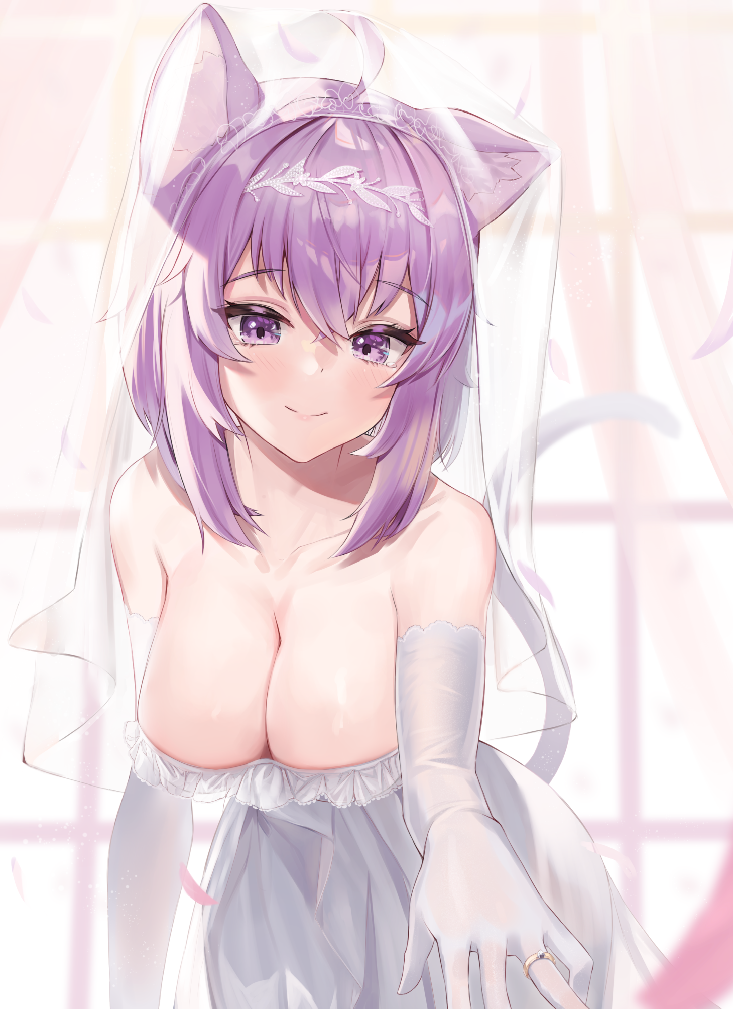 ahoge, animal ear fluff, animal ears, bangs, breasts, bridal veil, bride, cat ears, cat girl, cat tail, circlet, cleavage, closed mouth, collarbone, commentary request, dress, elbow gloves, female, gloves, highres, hololive, hololive gamers, hololive japan, indoors, jewelry, large breasts, leaning forward, light blush, lips, medium hair, nekomata okayu, outstretched hand, pov, purple eyes, purple hair, ring, shadow, smile, solo, strapless, strapless dress, sunlight, tail, tears, veil, virtual youtuber, wedding, wedding dress, wedding ring, white dress, white gloves, window, woogi (duguddnr)