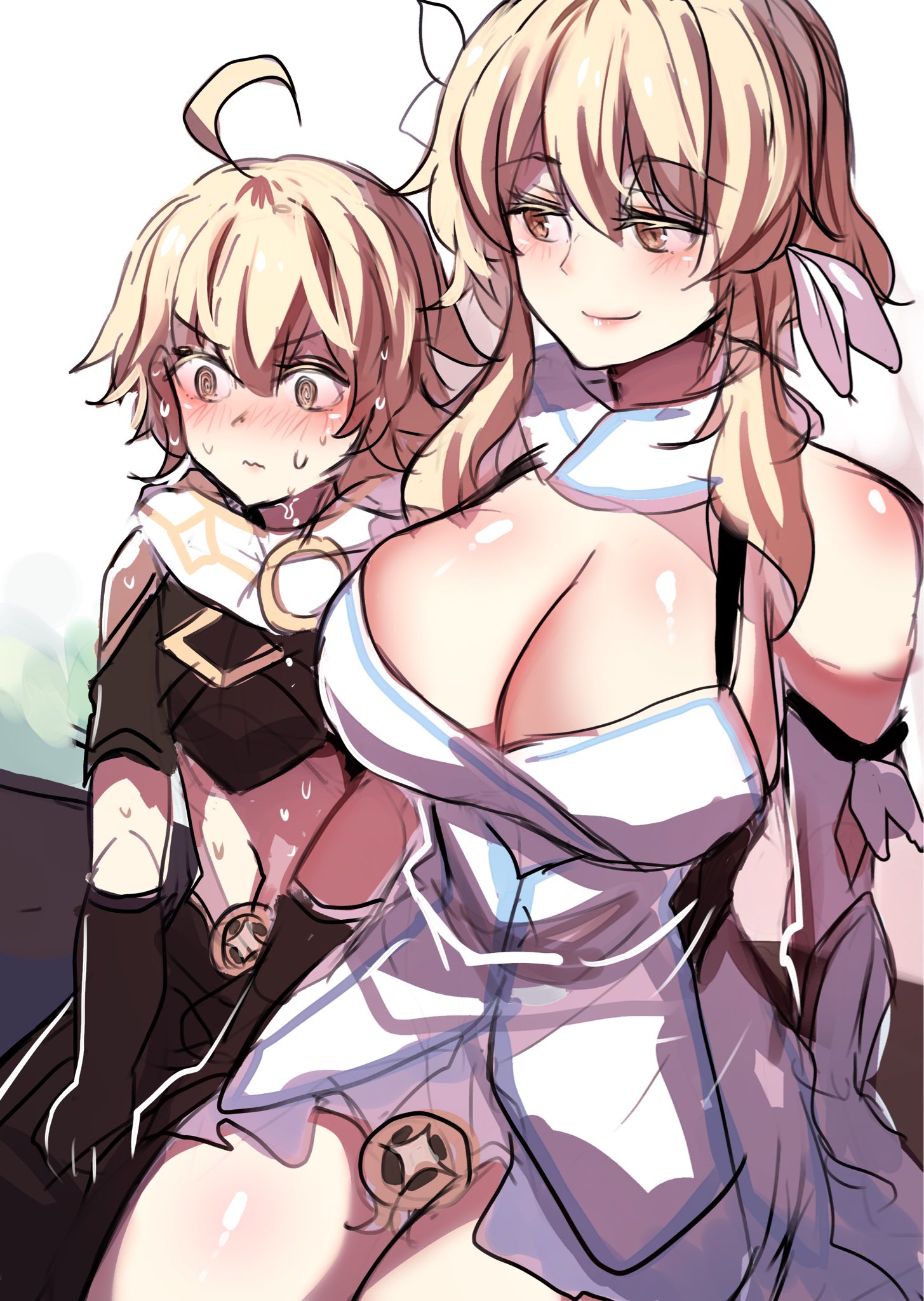1boy, 1girls, aether (genshin impact), ahoge, big breasts, blonde hair, breasts, brother and sister, cleavage, female, genshin impact, green eyes, hands on lap, hinghoi, hoyoverse, lumine (genshin impact), male, mihoyo, nervous sweat, smirk