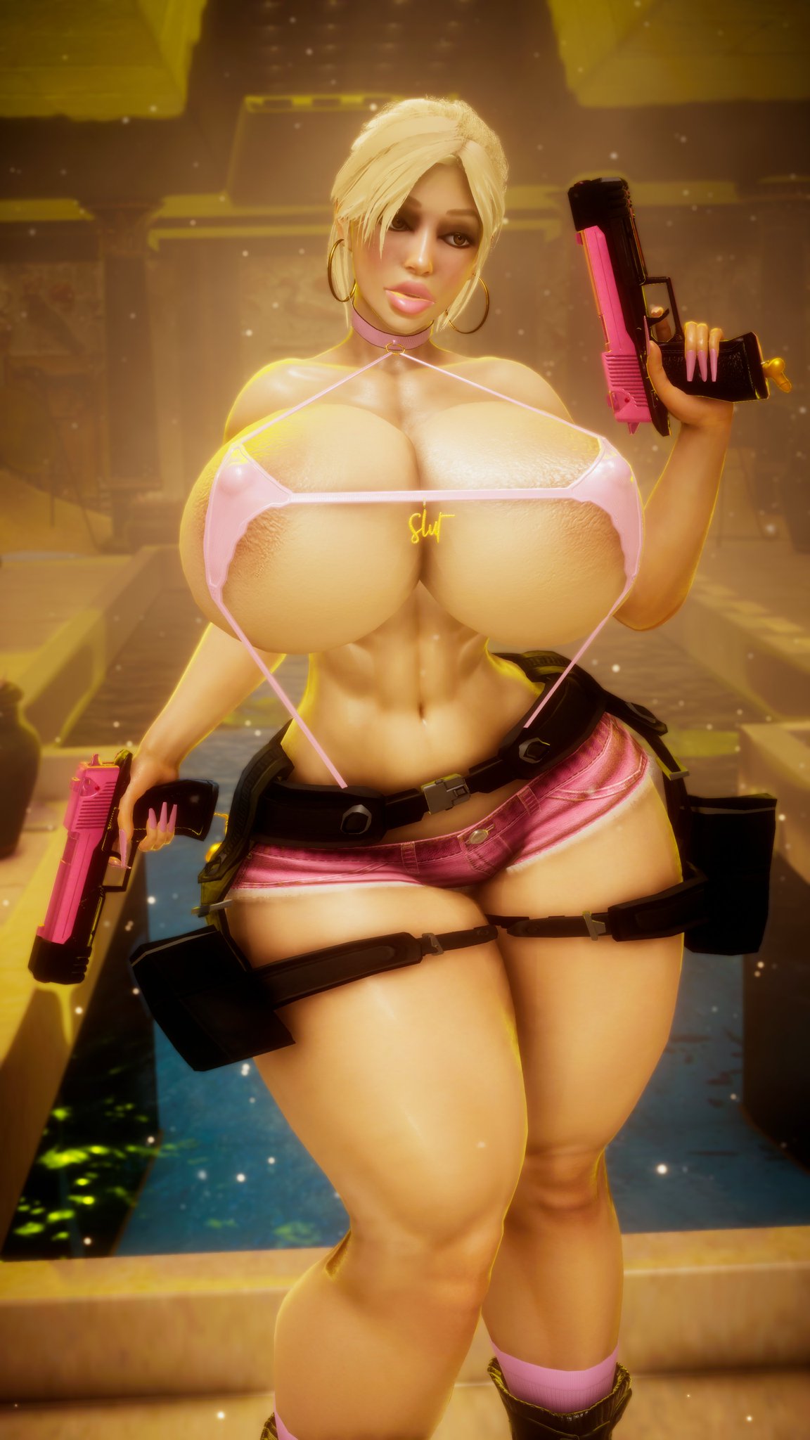 1girls, 3d, 3d (artwork), alternate breast size, areola, areolae, ass, athletic, athletic female, auburn hair, background, bare shoulders, belt, big breasts, bimbo, bimbo lara, bimbo lips, blonde hair, bolt on tits, breast implants, breasts, breasts bigger than head, busty, cleavage, curvaceous, curves, curvy, enhanced breasts, eyelashes, eyeshadow, fake breasts, female, female focus, female only, firearm, footwear, handgun, handwear, honey select, hourglass figure, huge breasts, human, hyper, hyper breasts, lara croft, lara croft (classic), large breasts, legwear, lips, long hair, pinksloot, playstation, pose, posing, silicone, silicone implants, solo, standing, thick lips, tomb raider, tomb raider (classic), top heavy, upper body, voluptuous, weapon, wide hips