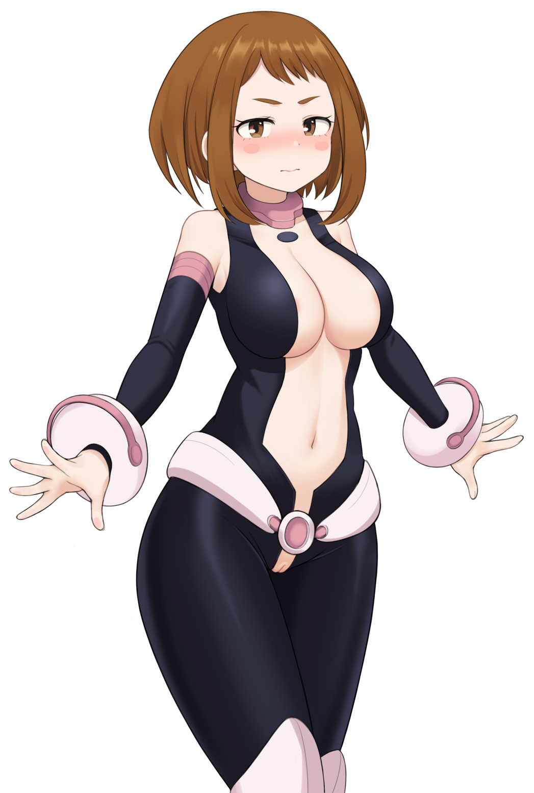 1girls areola_slip bare_shoulders big_breasts blush blush_stickers bodysuit breasts brown_eyes brown_hair busty center_opening cleavage cleft_of_venus collarbone cowboy_shot detached_sleeves female female_only haeil2 hero_outfit_(mha) highres large_breasts looking_at_viewer my_hero_academia navel no_panties ochako_uraraka open_mouth pussy shiny shiny_clothes short_hair solo uncensored white_background