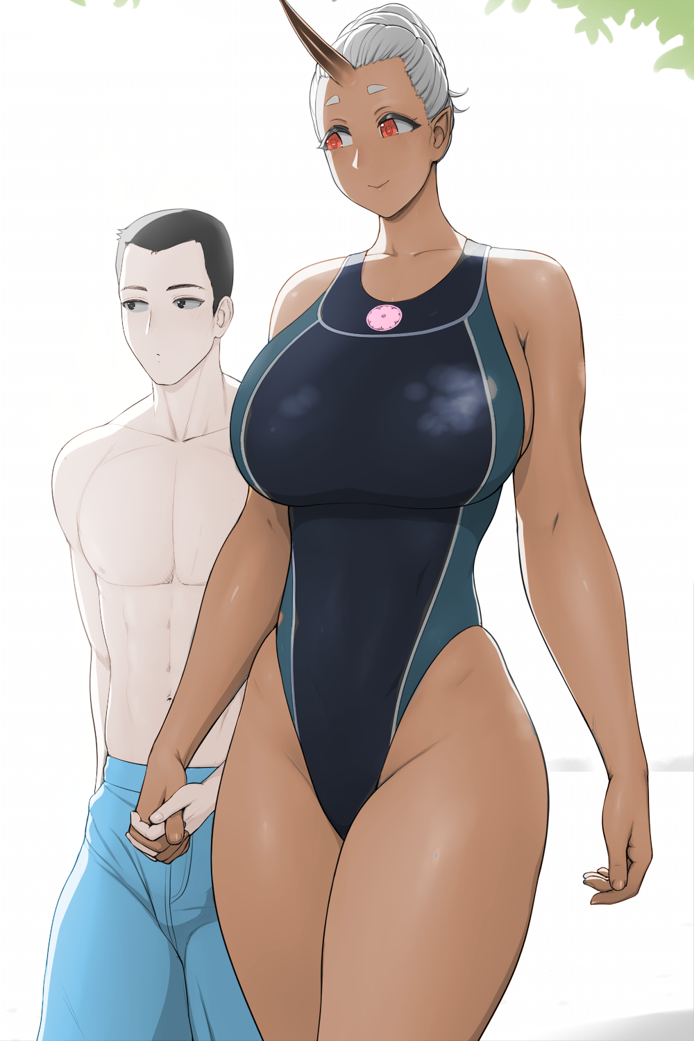 1boy 1girls black_hair bushu_(lvl) color colored dark-skinned_female dark_skin edit female hand_holding hi_res human light-skinned_male light_blush light_skin looking_at_partner looking_away lvl male oni oni_horns original original_character size_difference smiling swimsuit taller_girl tied_hair white_background white_hair wholesome