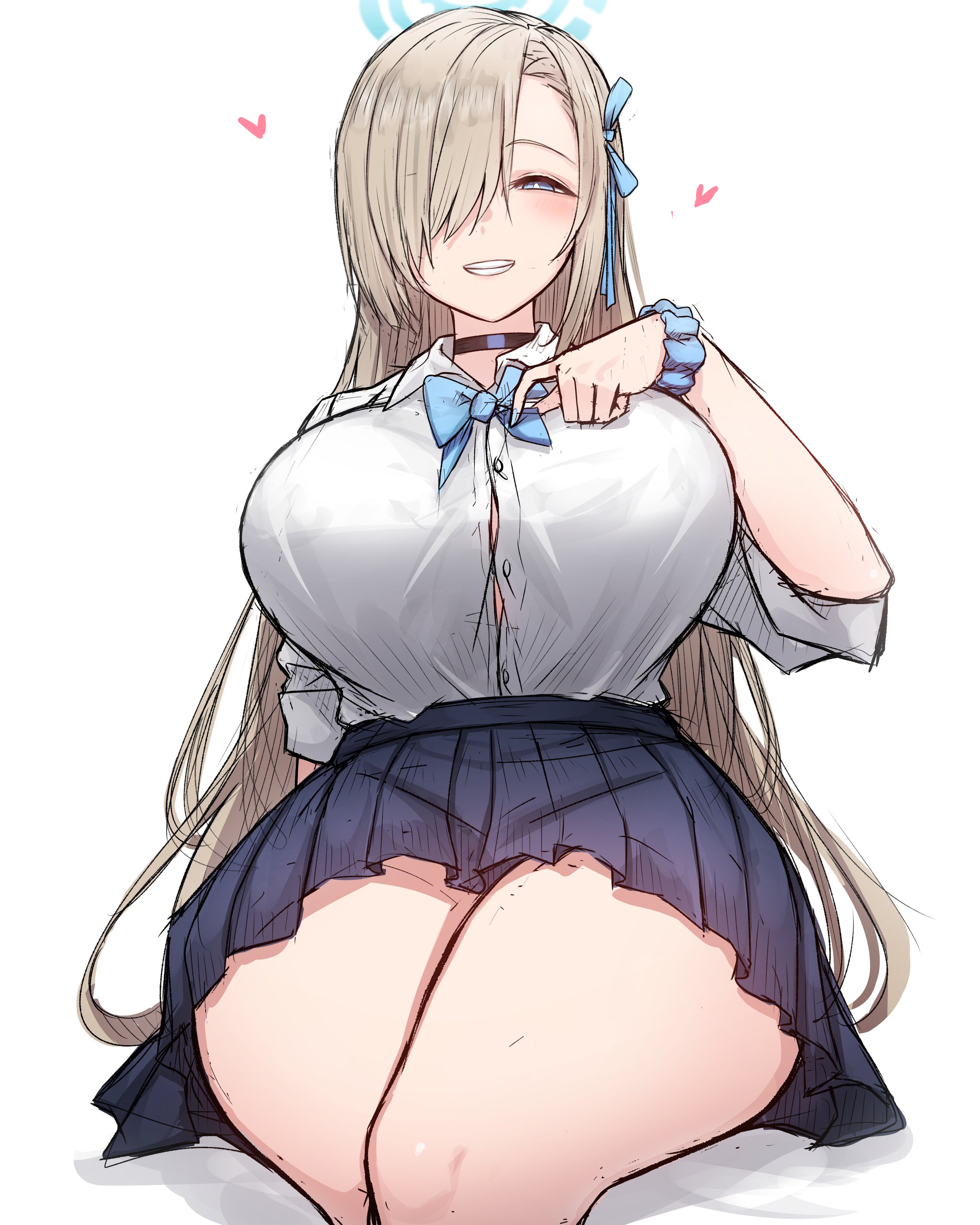 1girls, asuna (blue archive), big breasts, blonde hair, blue archive, blush, breasts, female, female only, hearts, hourglass figure, huge breasts, large breasts, light skin, light-skinned female, long hair, looking at viewer, looking down, looking down at viewer, low-angle view, millennium science school student, rikuguma, school uniform, skirt, smile, smiling, smirk, solo, tagme, thick thighs, thighs, uniform, voluptuous, wide hips
