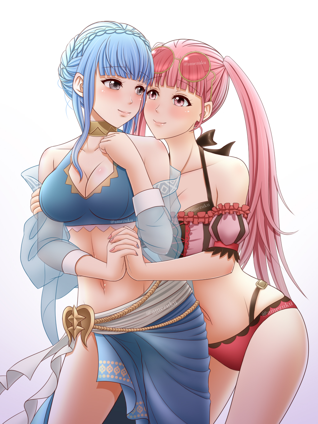 2girls alternate_costume amezuku bangs bare_midriff bare_thighs bikini blue_bikini blue_hair blue_nails blue_swimsuit breasts brown_eyes cleavage detached_sleeves female female_only fire_emblem fire_emblem:_three_houses fire_emblem_heroes hilda_valentine_goneril hilda_valentine_goneril_(summer) holding_hands large_breasts light_blue_hair long_hair looking_at_another marianne_von_edmund marianne_von_edmund_(summer) midriff multiple_girls nail_polish nintendo official_alternate_costume pink_bikini pink_eyes pink_hair pink_nails pink_swimsuit sarong see-through short_hair smile sunglasses sunglasses_on_head swimsuit thighs twintails very_long_hair yuri