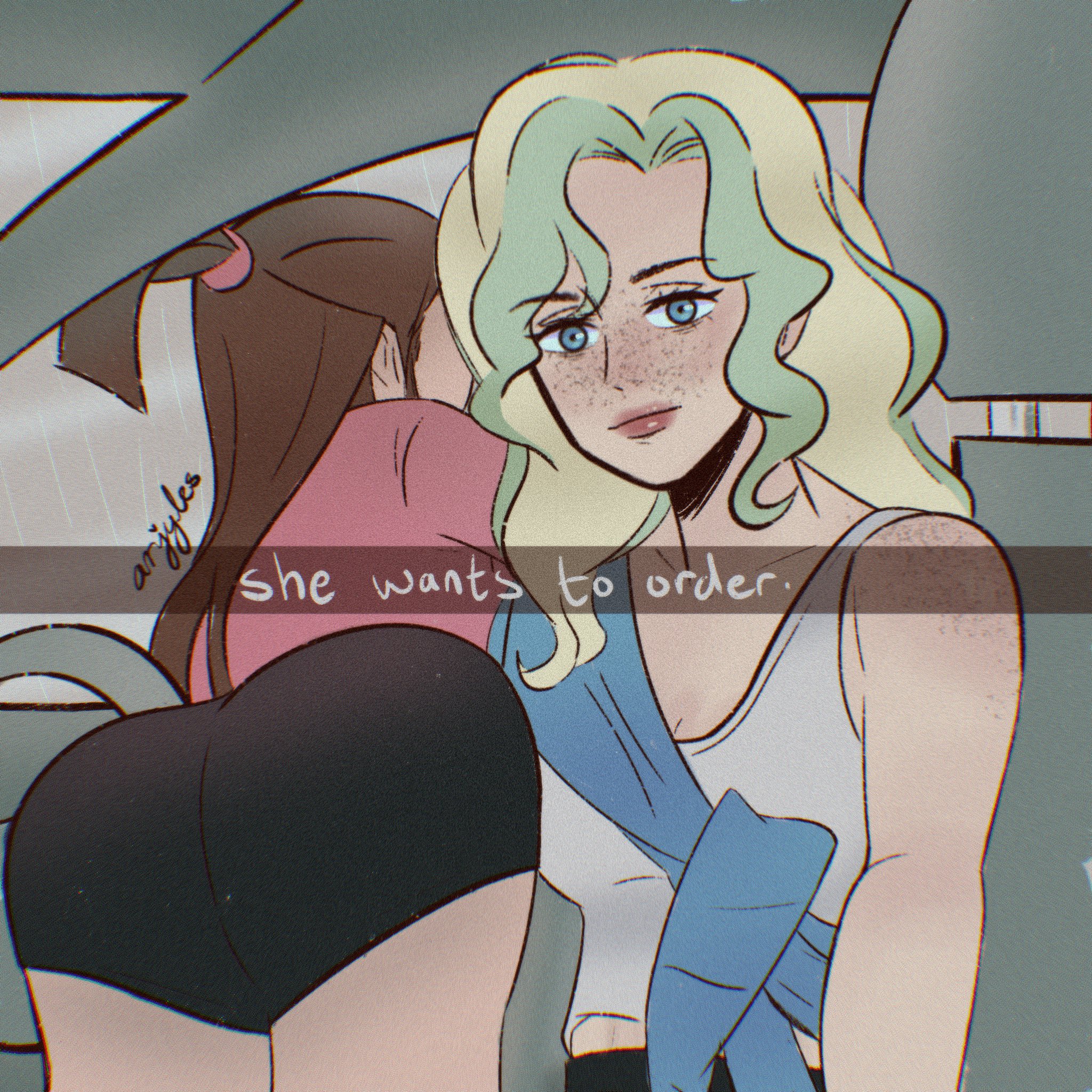 2girls, arjyles, ass, ass focus, ass up, atsuko kagari, blonde hair, blue eyes, bubble ass, bubble butt, clothing, diakko, diana cavendish, female, he wants to order, little witch academia, meme, selfie, snapchat, studio trigger, tight clothing, yuri