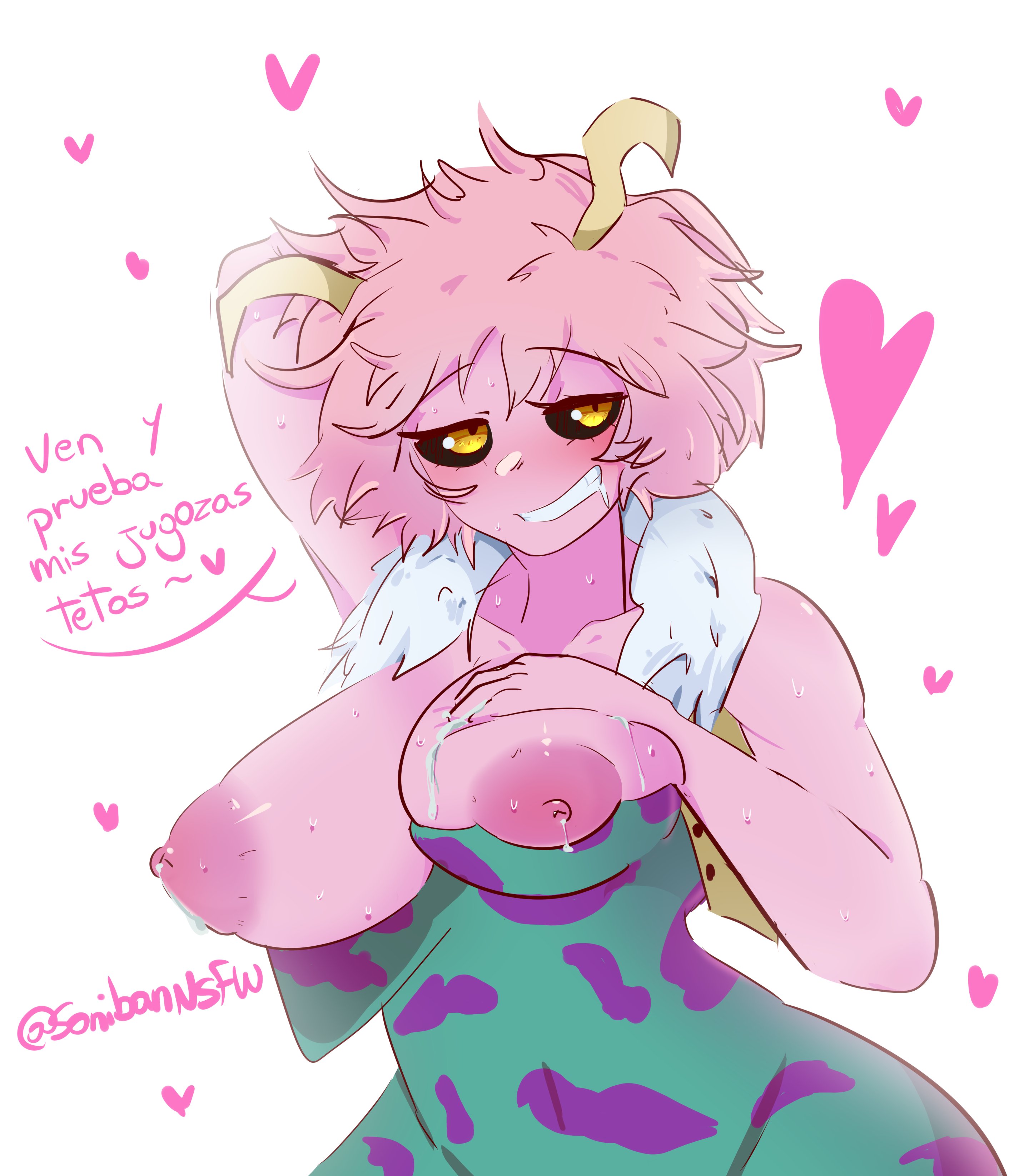 armpits, big breasts, breasts, female, hero outfit (mha), horns, mina ashido, my hero academia, pink hair, pink skin, soniban nsfw, white hair, yellow eyes