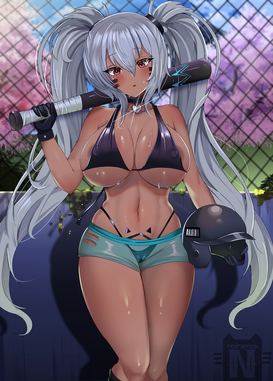 1girls, 2022, alabama (azur lane), azur lane, baseball bat, belly button, bikini top, body markings, booty shorts, breasts, brown skin, cleavage, commission, dark skin, dark-skinned female, eagle union (azur lane), female, female only, helmet, hips, holding object, huge breasts, long hair, looking at viewer, noiretox, outdoors, red eyes, short shorts, shorts, silver hair, slim waist, sweat, sweaty body, thick thighs, thighs, twintails, white hair, wide hips