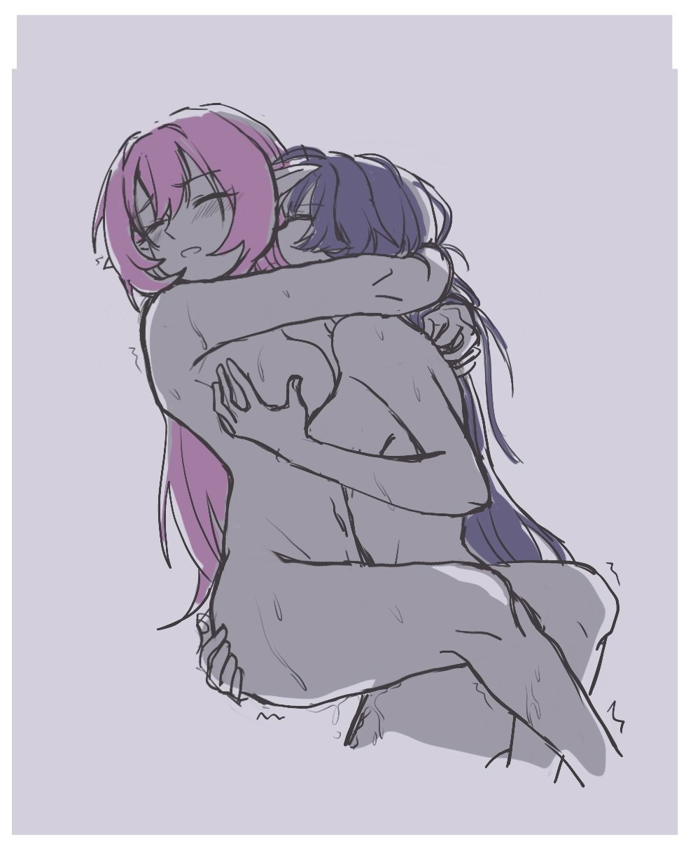 2girls, ass, breasts, elf ears, elysia (honkai impact), female, female only, groping, hand on ass, hand on breast, honkai impact 3rd, kissing neck, legs wrapped around partner, lesbian sex, multiple females, multiple girls, naked, pink hair, pointy ears, purple hair, raiden mei, ruo57892319, yuri