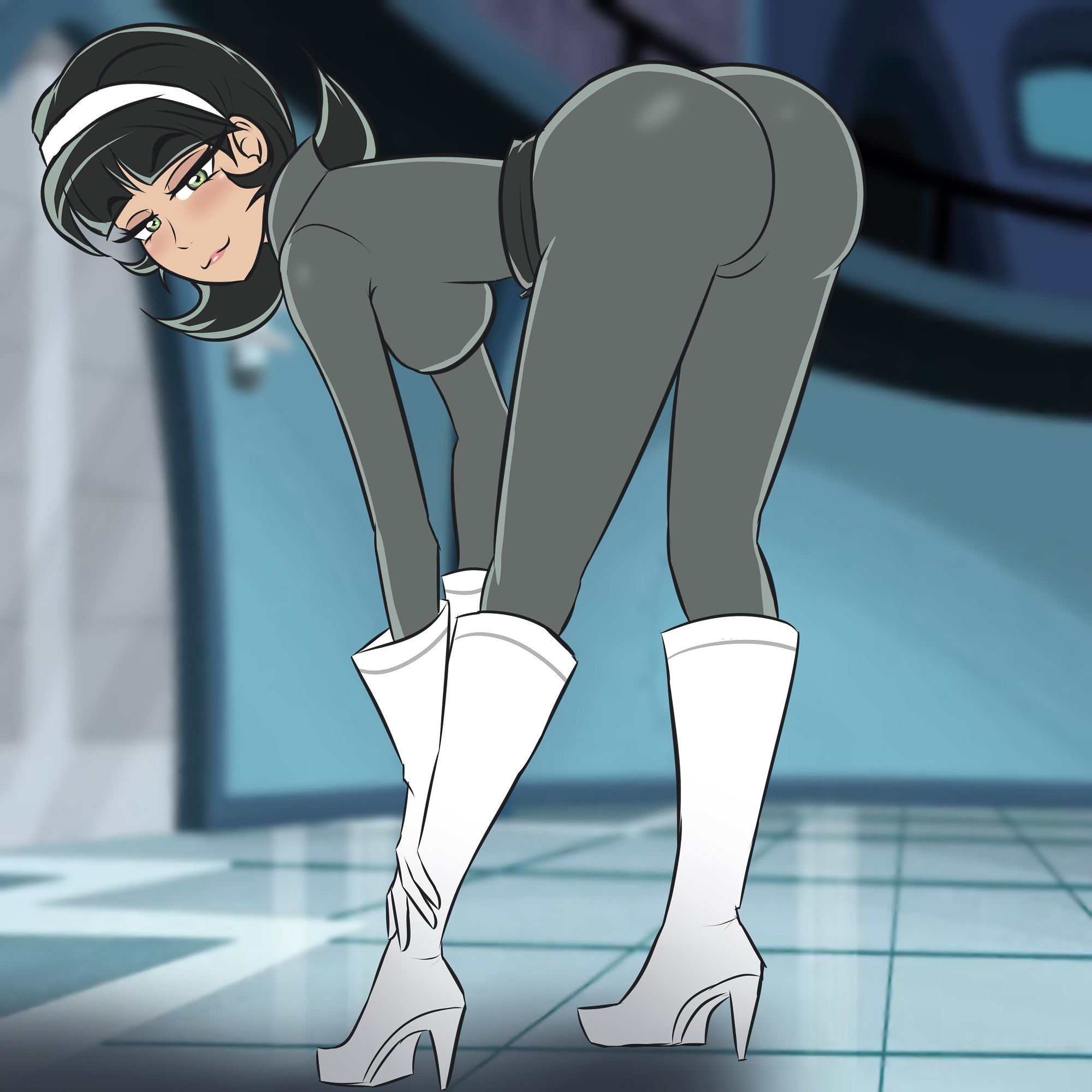 1girls, ass, bending over, black hair, breasts, cowboy boots, female, female focus, female only, glazinbuns, green eyes, humanized, kitty katswell, long legs, looking at viewer, sideboob, solo, t.u.f.f. puppy, tagme, tight clothing, white boots