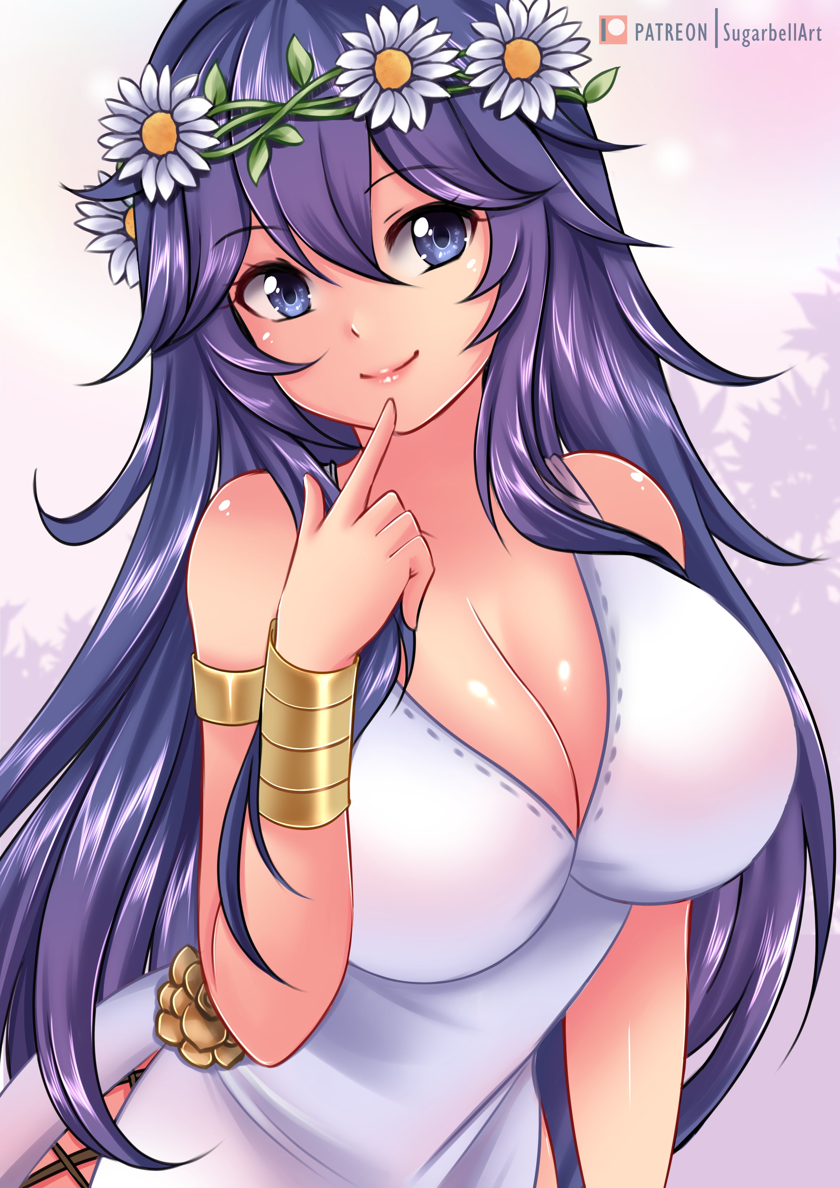 1girls, absurdres, alternate breast size, alternate costume, blue eyes, blue hair, breasts, cleavage, female, female only, fire emblem, fire emblem awakening, fire emblem heroes, flower, flower on head, hair flower, hair ornament, highres, large breasts, long hair, lucina (fire emblem), nintendo, official alternate costume, smile, solo, sugarbell, very long hair