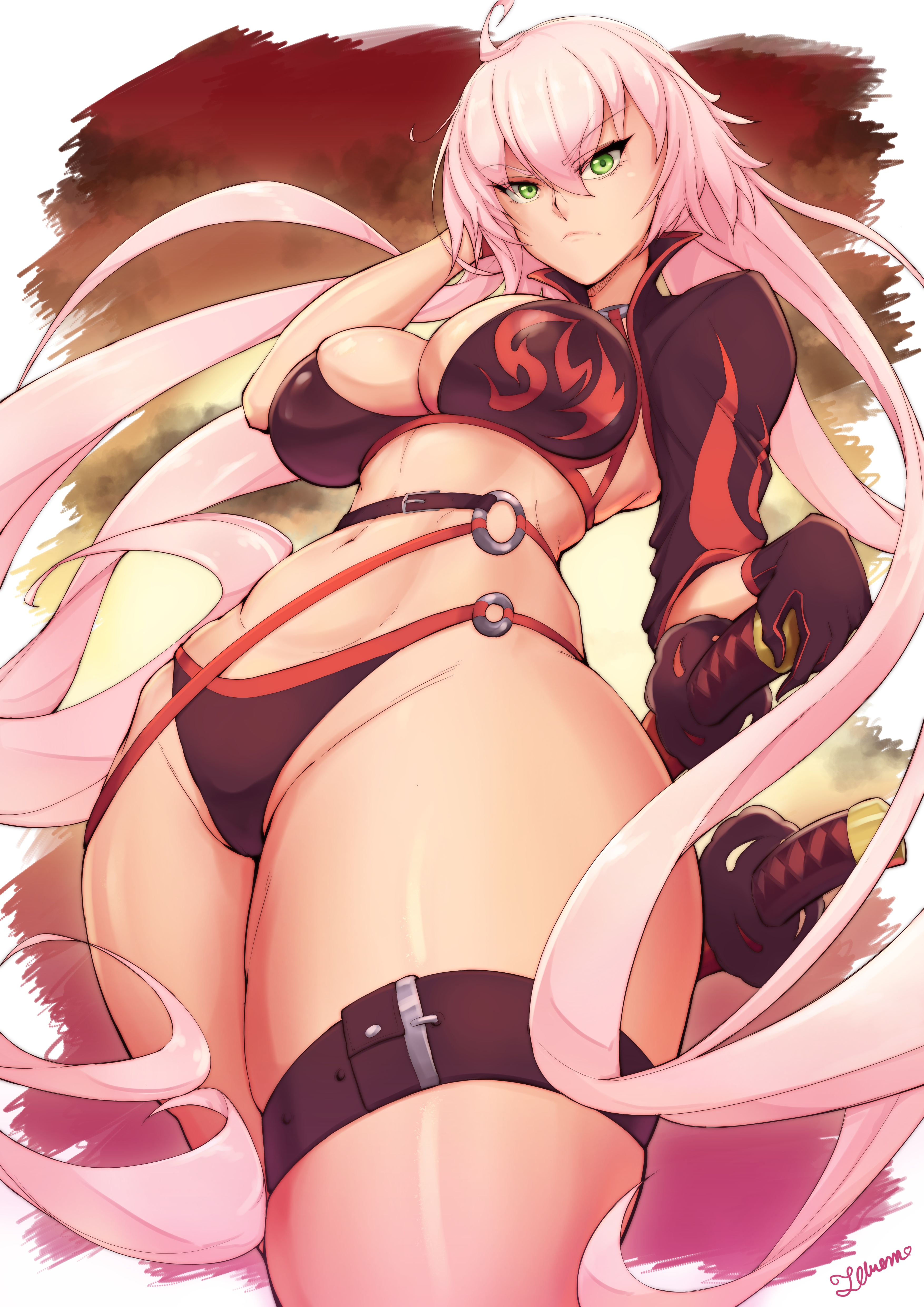 1girls, big breasts, bikini, breasts, busty, cleavage, fate (series), fate/grand order, female, female only, gloves, green eyes, hi res, jeanne alter, jeanne alter (swimsuit berserker), jeanne d'arc (swimsuit archer), large breasts, legs, long hair, looking at viewer, solo, swimsuit, sword, telrem, thick thighs, thighs, toned, weapon, white hair