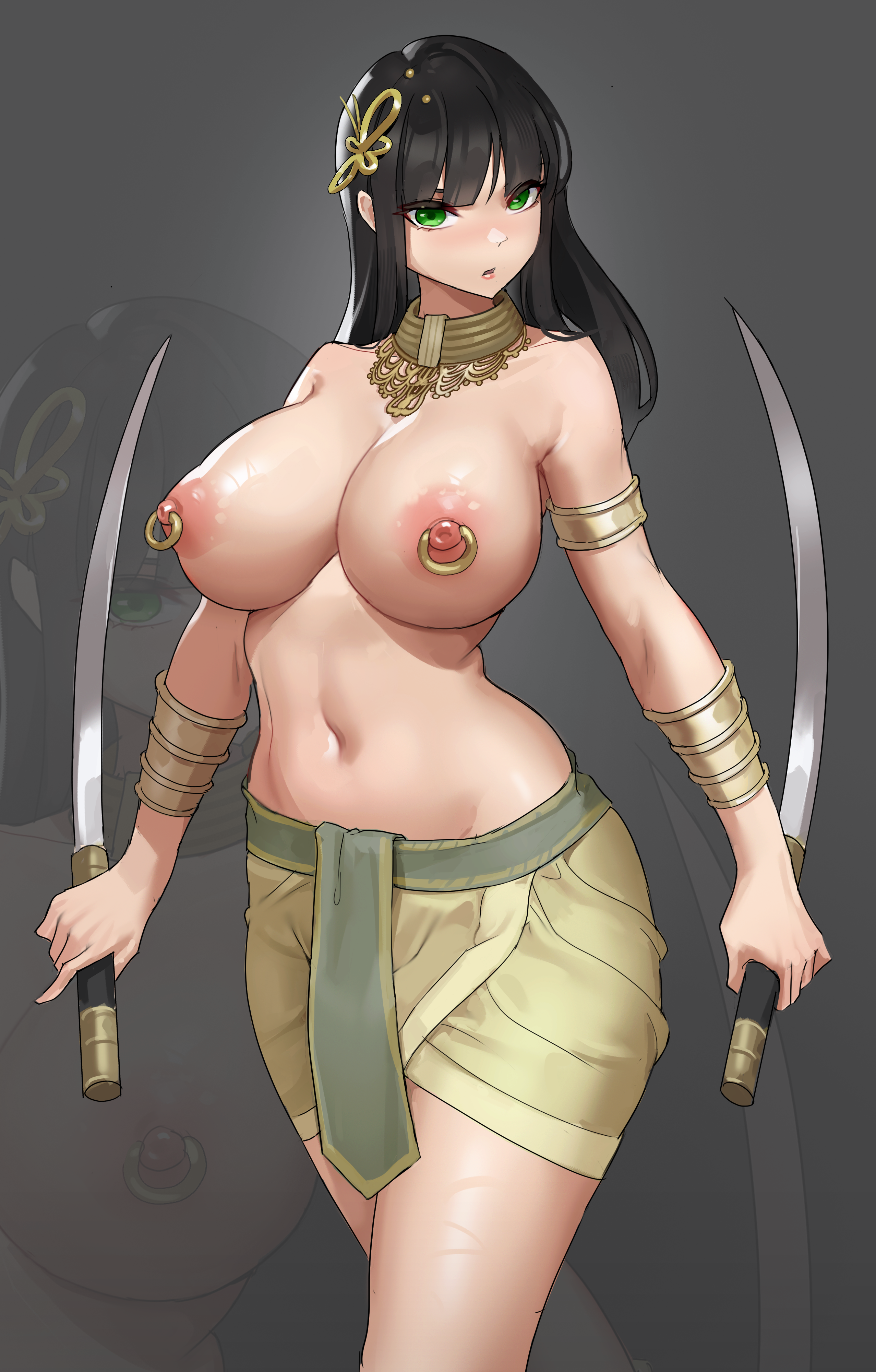 armwear, black hair, bracelets, breasts, commission, commissioner upload, dual wielding, female, female only, green eyes, hair ornament, hi res, holding object, holding sword, holding weapon, karima (eartheas), large breasts, long hair, necklace, nipple piercing, nipple rings, nipples, oc, original character, pierced nipples, piercing, piercings, saire, simple background, solo, sword, topless, very high resolution