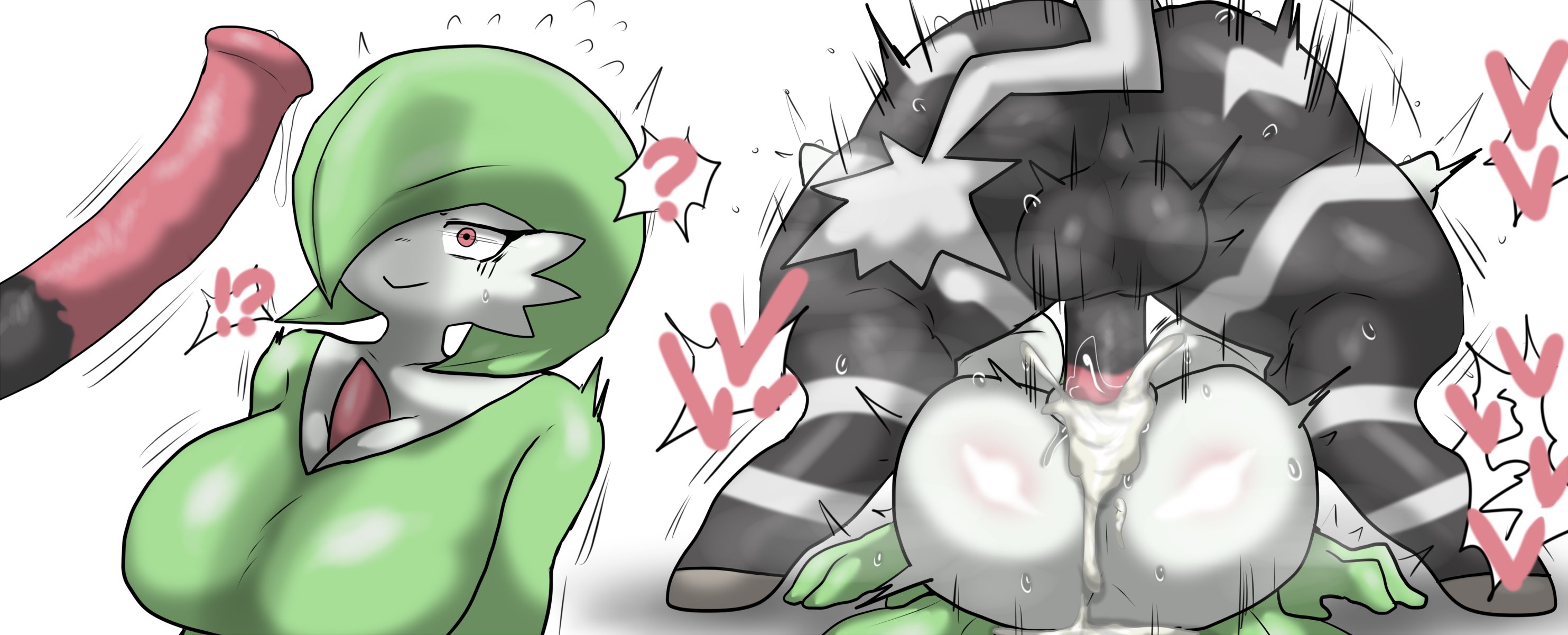 1boy, 1girls, ass, breasts, cum, cum in pussy, enigi09, equine, equine penis, female, female focus, gardevoir, hi res, large breasts, male, mating press, nintendo, penis, pokemon, pokemon (species), pussy, questionable consent, sex, surprised, white background, zebstrika, zoophilia