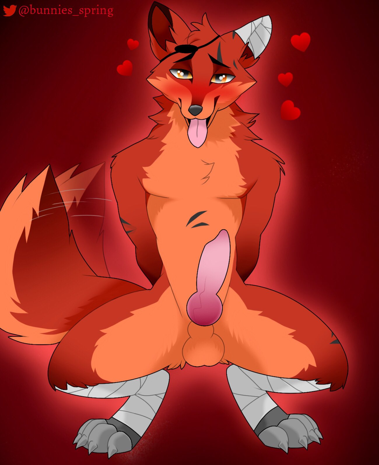 bandages blush bunnies_spring eyepatch five_nights_at_freddy's five_nights_at_freddy's_2 foxy_(fnaf) heart kneeling knot knotted_penis male male_only paws penis red_fur solo solo_male squatting tagme tail tail_wag tail_wagging tailwag tongue withered_foxy