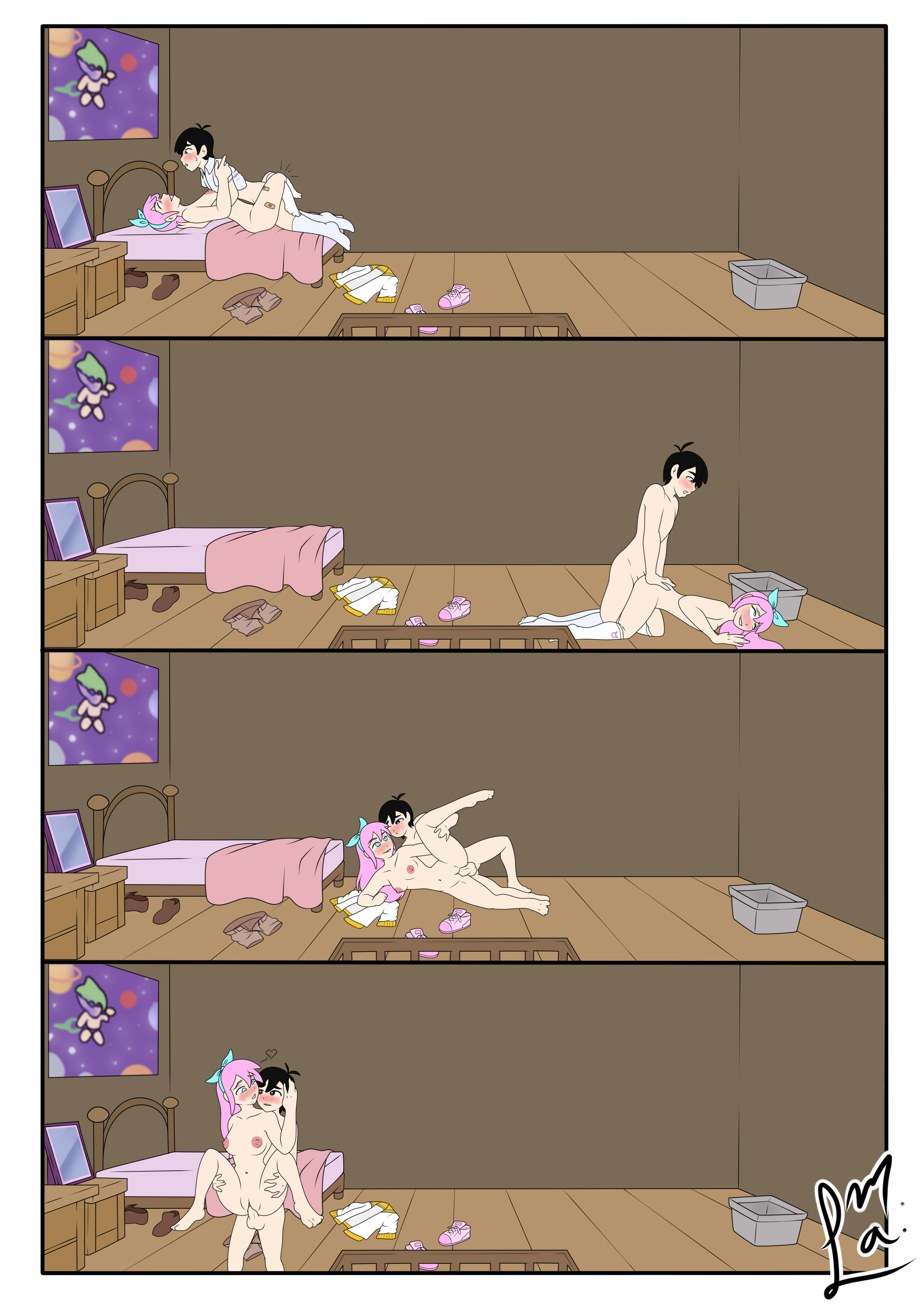 1boy, 1girls, aubrey (omori), bed, bedroom, black eyes, black hair, blue eyes, blush, breasts, comic, female, fixed-point camera, long hair, male, male/female, nipples, nude, nude female, nude male, omori, penetration, pink hair, sex, small breasts, sunburn (omori), sunny (omori), time lapse