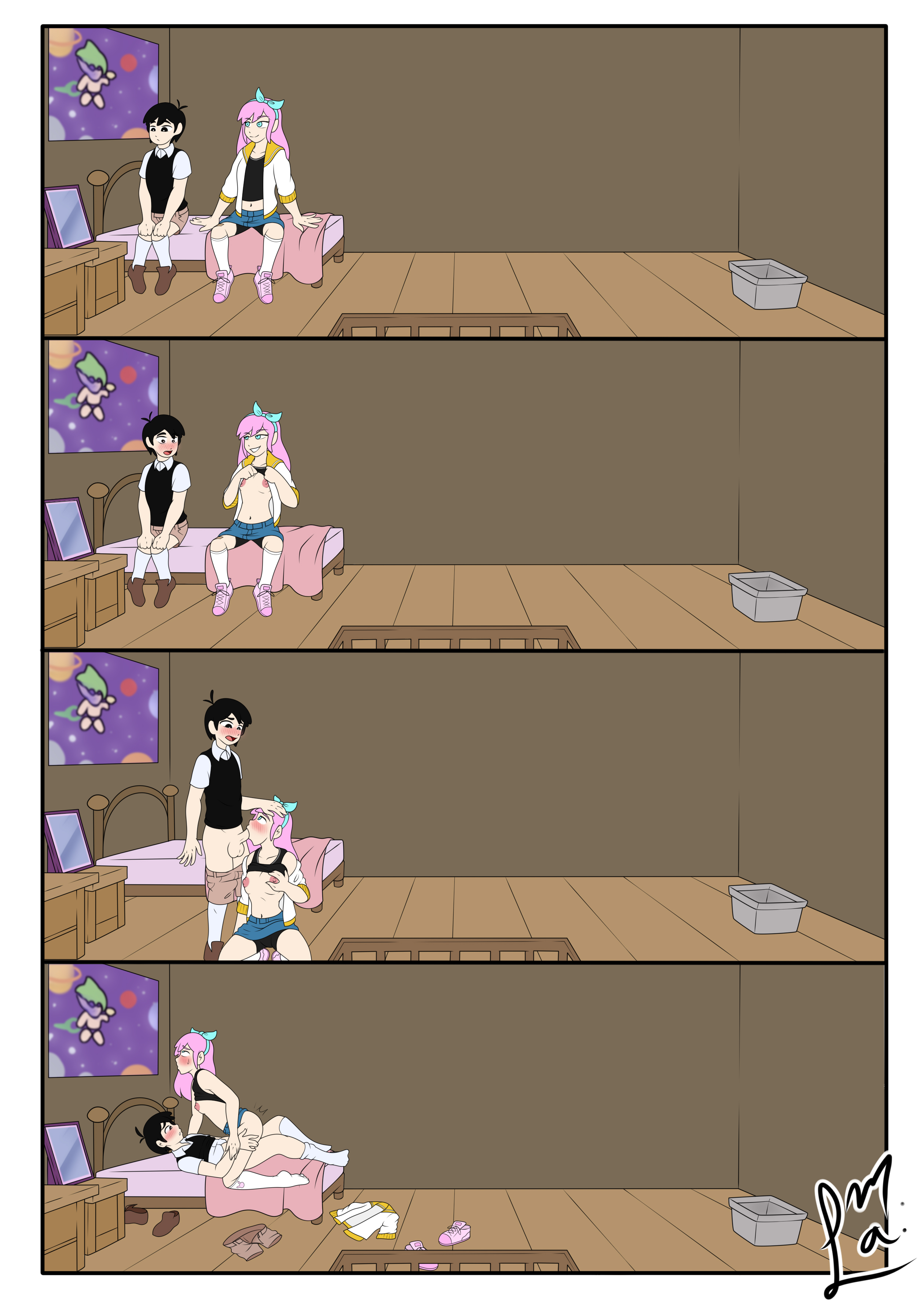 1boy, 1girls, aubrey (omori), bed, bedroom, black eyes, black hair, blowjob, blue eyes, blush, breasts, comic, female, fixed-point camera, long hair, male, male/female, nipples, omori, penetration, pink hair, sex, small breasts, sunburn (omori), sunny (omori), time lapse