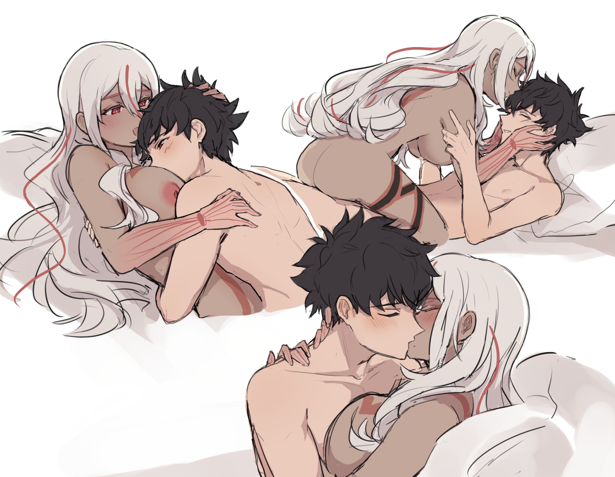 1boy, 1girls, ai: the somnium files, ai: the somnium files - nirvana initiative, ass, bed, breasts, completely nude, cuddling, female, guttokitechu, in bed, kissing, kuruto ryuki, large breasts, male, male and female focus, nude, nude female, nude male, romantic, straight, tama (ai: the somnium files), tanned, tanned female, tanned skin, wholesome