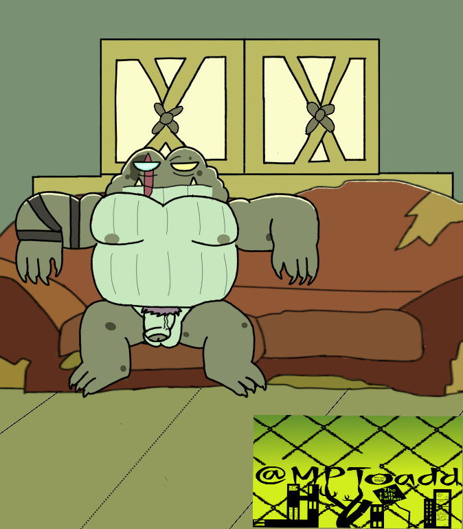 2022 amphibia amphibian amphibian_humanoid blue_eye captain_grime disney disney_channel disney_xd facial_scar fangs foreskin green_body green_eyes green_nipples green_skin hairy_balls heterochromia living_room looking_at_viewer male_only mptoadd muscular muscular_male non-human nude nude_male penis scar sitting sitting_down sitting_on_couch smooth_skin testicles toad toony yellow_teeth