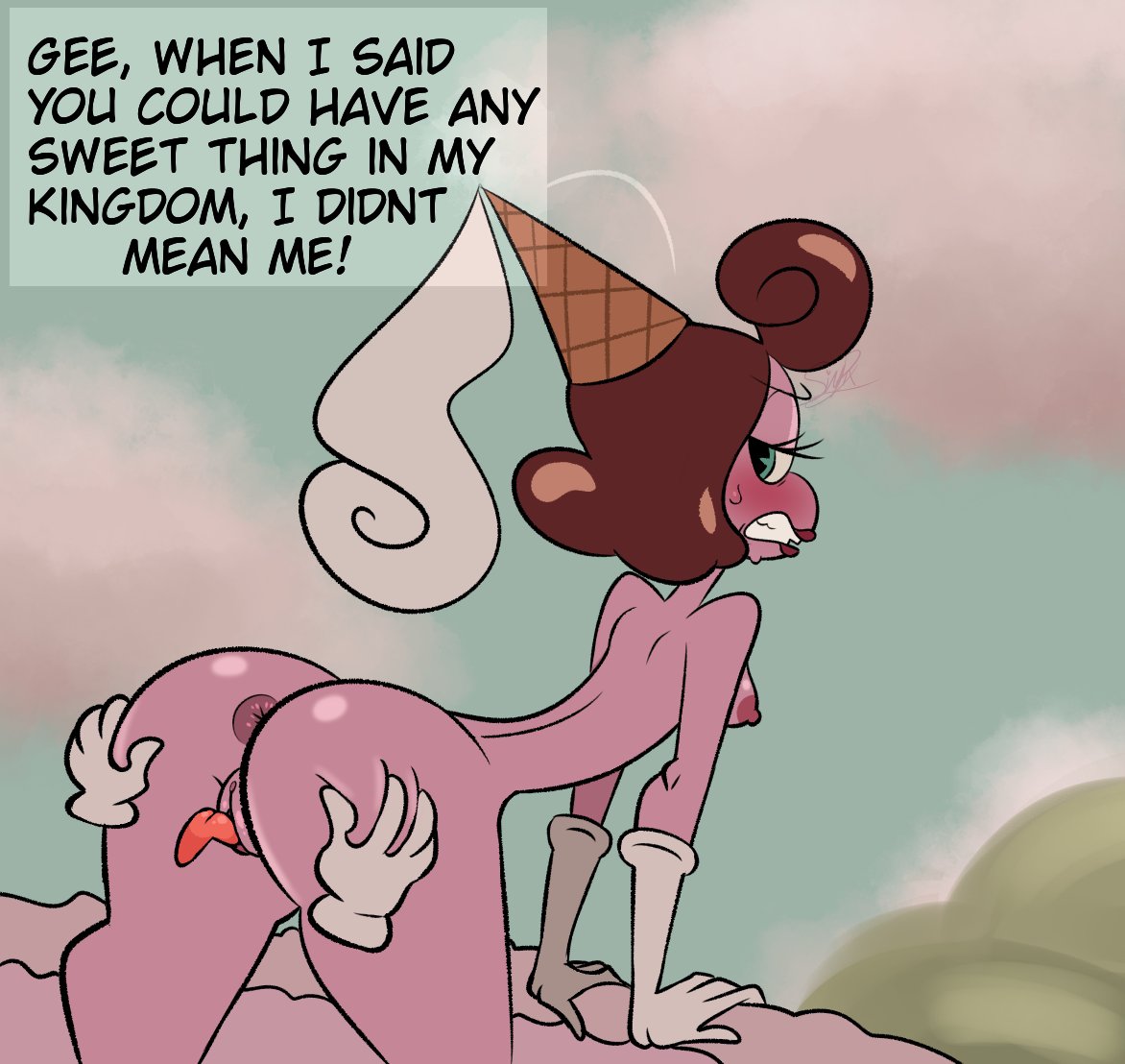 1girls, ass, baroness von bon bon, big ass, blush, completely nude, cunnilingus, cuphead (game), disembodied hands, english text, female, female focus, gloves, humanoid, looking back, naked gloves, nude, nude female, pink skin, pixelzsinful, speech bubble, text, the cuphead show
