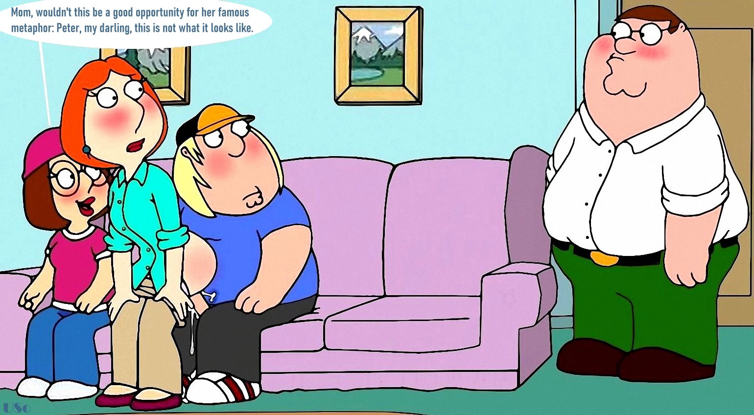 blush, brother and sister, caught in the act, cheating, chris griffin, couch, cum, cum inside, english text, family guy, father and daughter, father and son, female, incest, lois griffin, male, meg griffin, mother and son, penetration, peter griffin, red hair, red lipstick