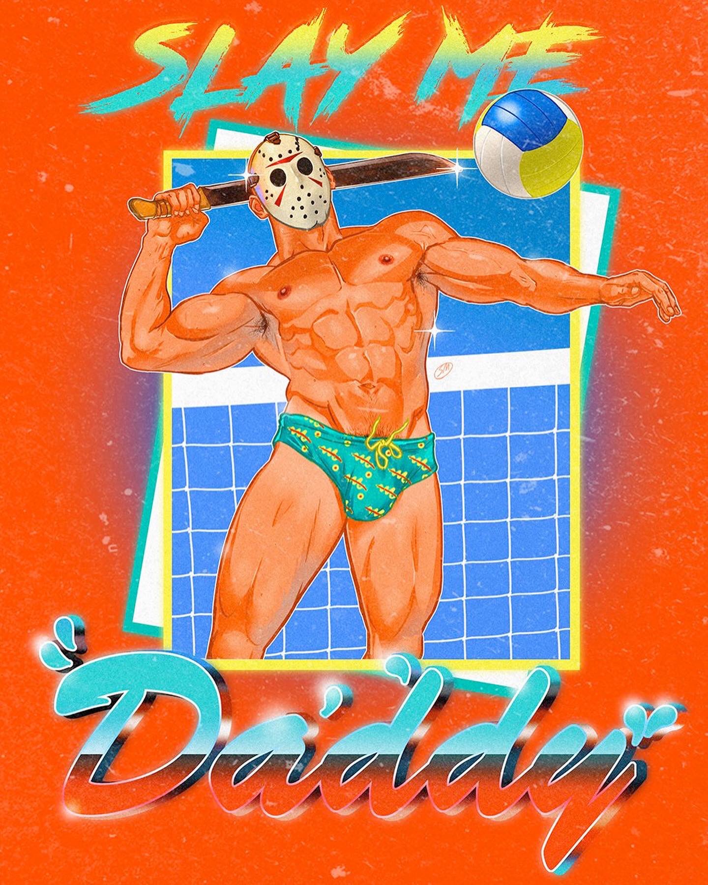 1boy bulge caucasian caucasian_male english_text friday_the_13th jason_voorhees machete male male_only masked muscles muscular muscular_male outdoors outside pinup serial_killer solo solo_male speedo stephen_mcdermott volleyball