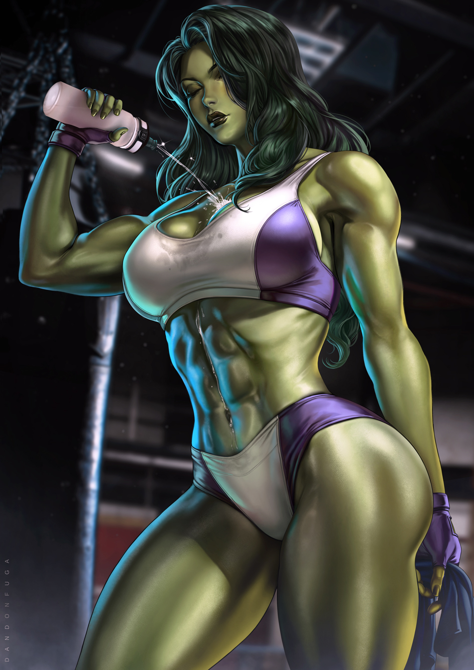 1girls abs artist_name big_ass big_breasts clothed dandon_fuga eyes_closed female female_only fingerless_gloves fit fit_female gloves green_body green_hair green_skin gym hulk_(series) long_hair marvel marvel_comics muscular muscular_female navel pouring_on_breasts pouring_on_self pouring_onto_self she-hulk solo solo_female sports_bikini sports_bra sports_panties taller_girl thick_thighs thighs toned toned_female voluptuous voluptuous_female water water_bottle wet workout_clothes