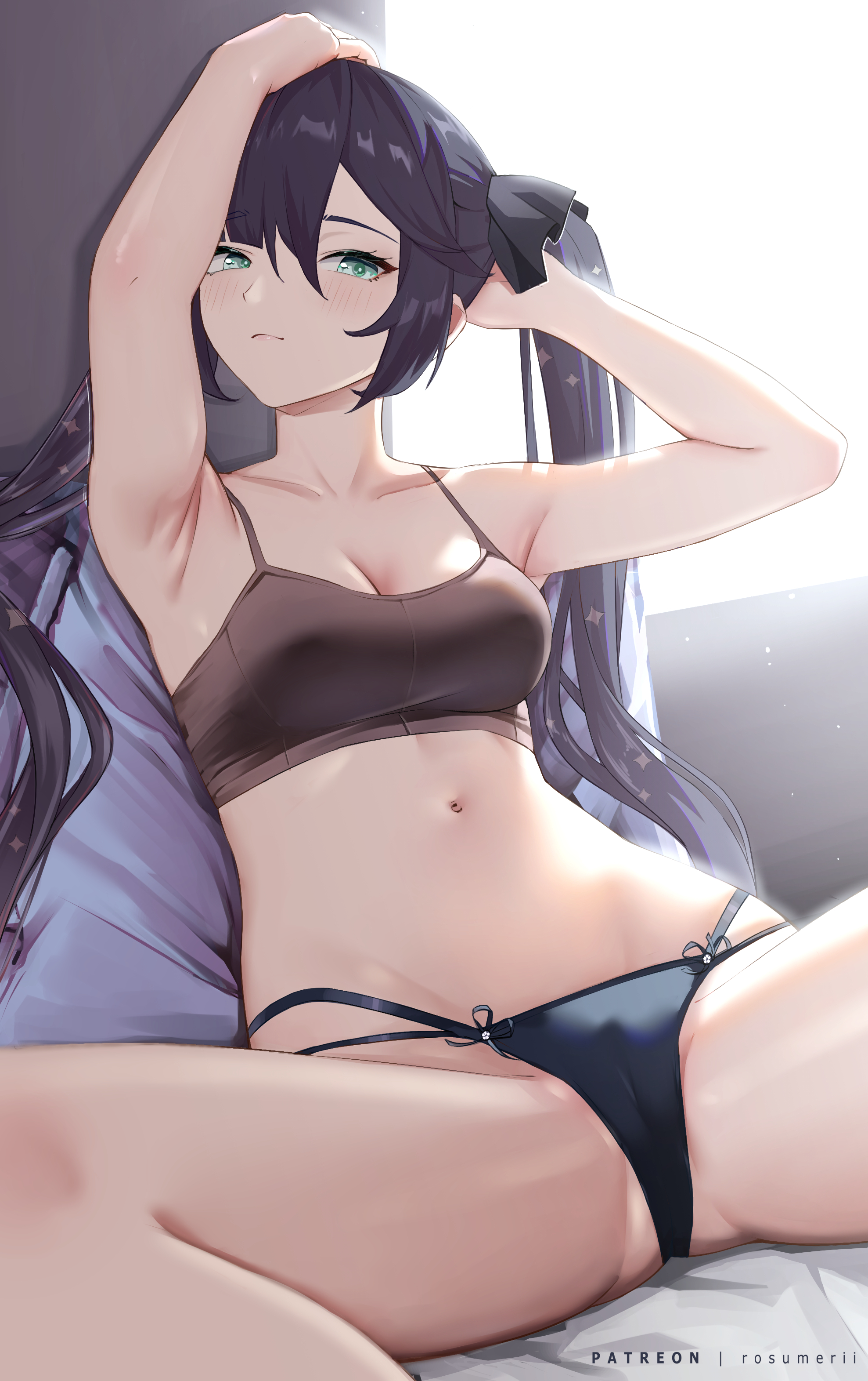 1girls, 2022, armpits, arms up, black hair, black panties, bra, breasts, female, female only, genshin impact, green eyes, hair ornament, hi res, light skin, light-skinned female, long hair, medium breasts, midriff, mona (genshin impact), panties, rosumerii, slim waist, spread legs, thick thighs, thighs, twintails