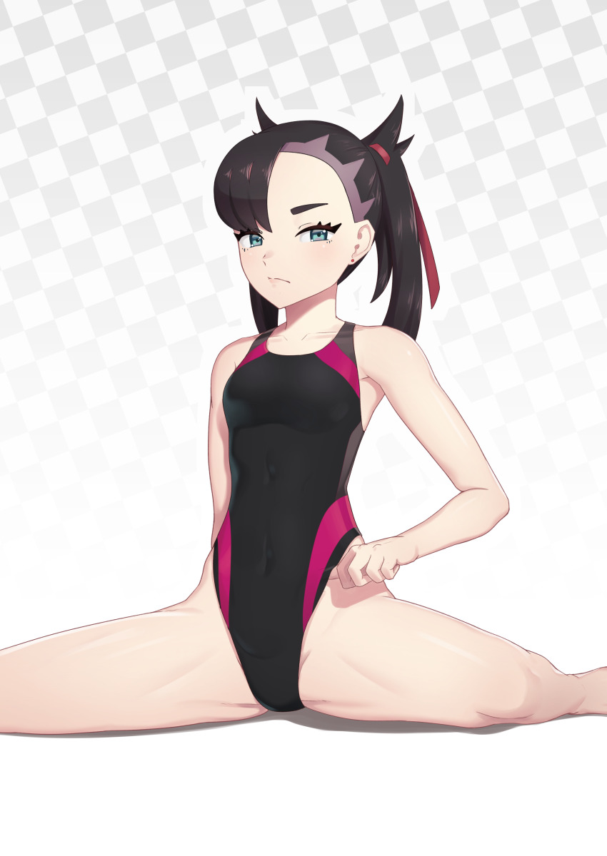 black hair, breasts, competition swimsuit, earrings, female, flexible, green hair, highleg, highleg swimsuit, marnie (pokemon), nintendo, one-piece swimsuit, pokemon, pokemon ss, putcher, ribbon in hair, small breasts, spread legs, swimsuit, twintails